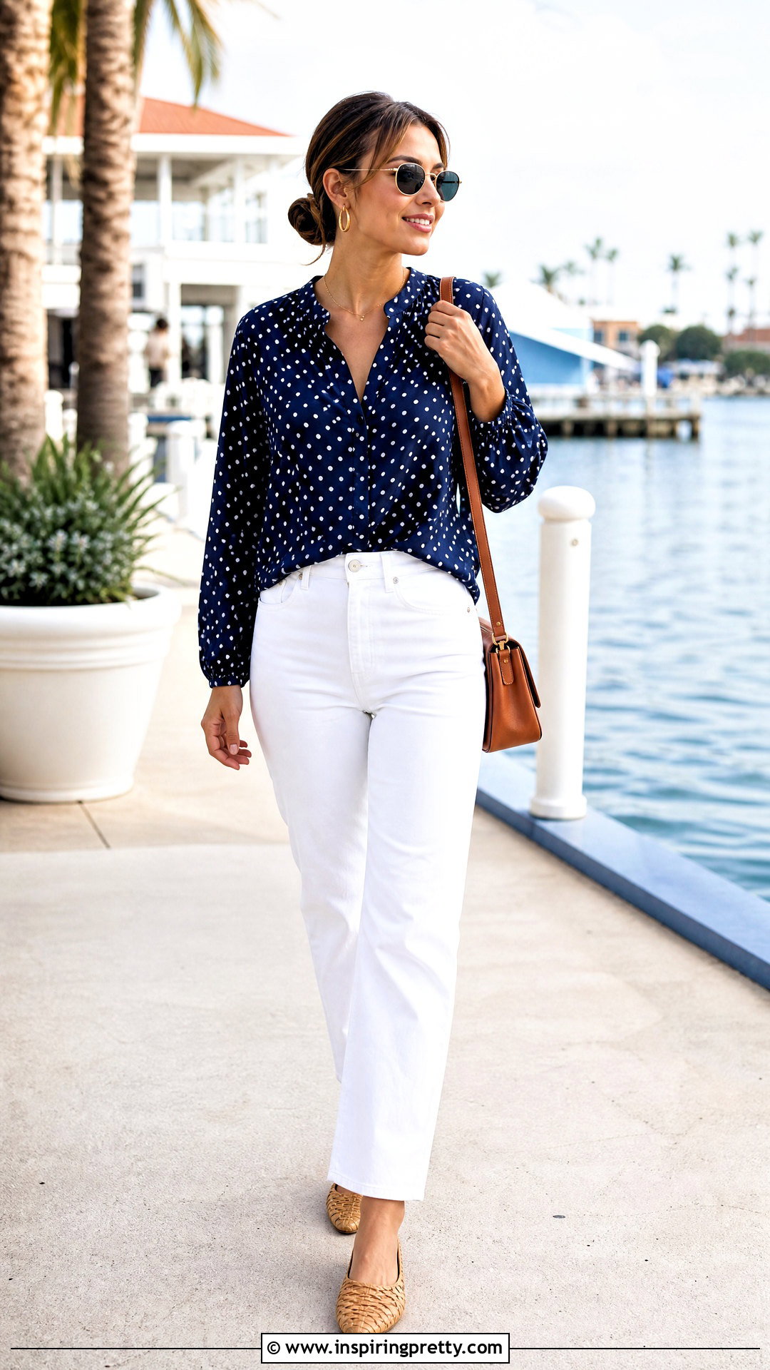 Navy Polka Dot Top With White Pants - 50 polka dot top outfit ideas