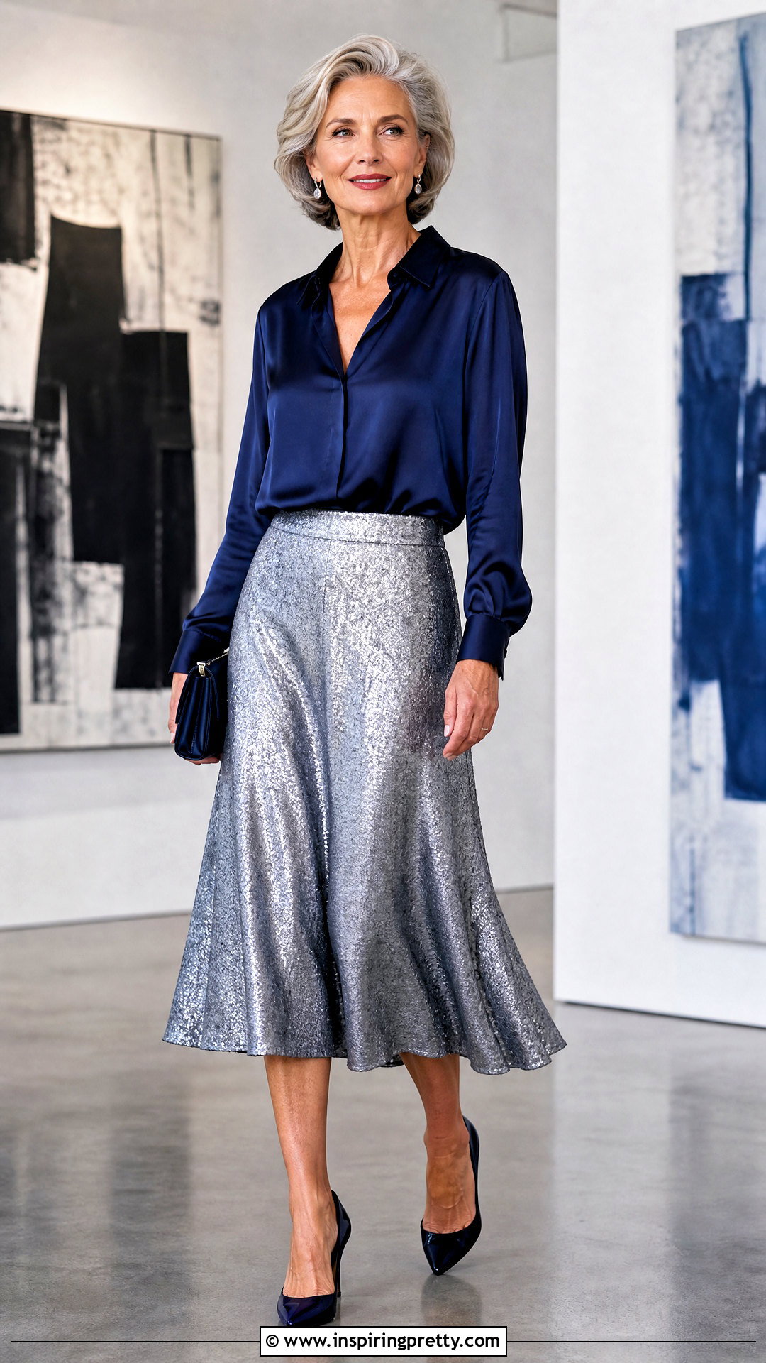 Navy Silk Blouse With A Silver Sequin Skirt - What Top To Wear With A Silver Sequin Skirt (25 Ways)