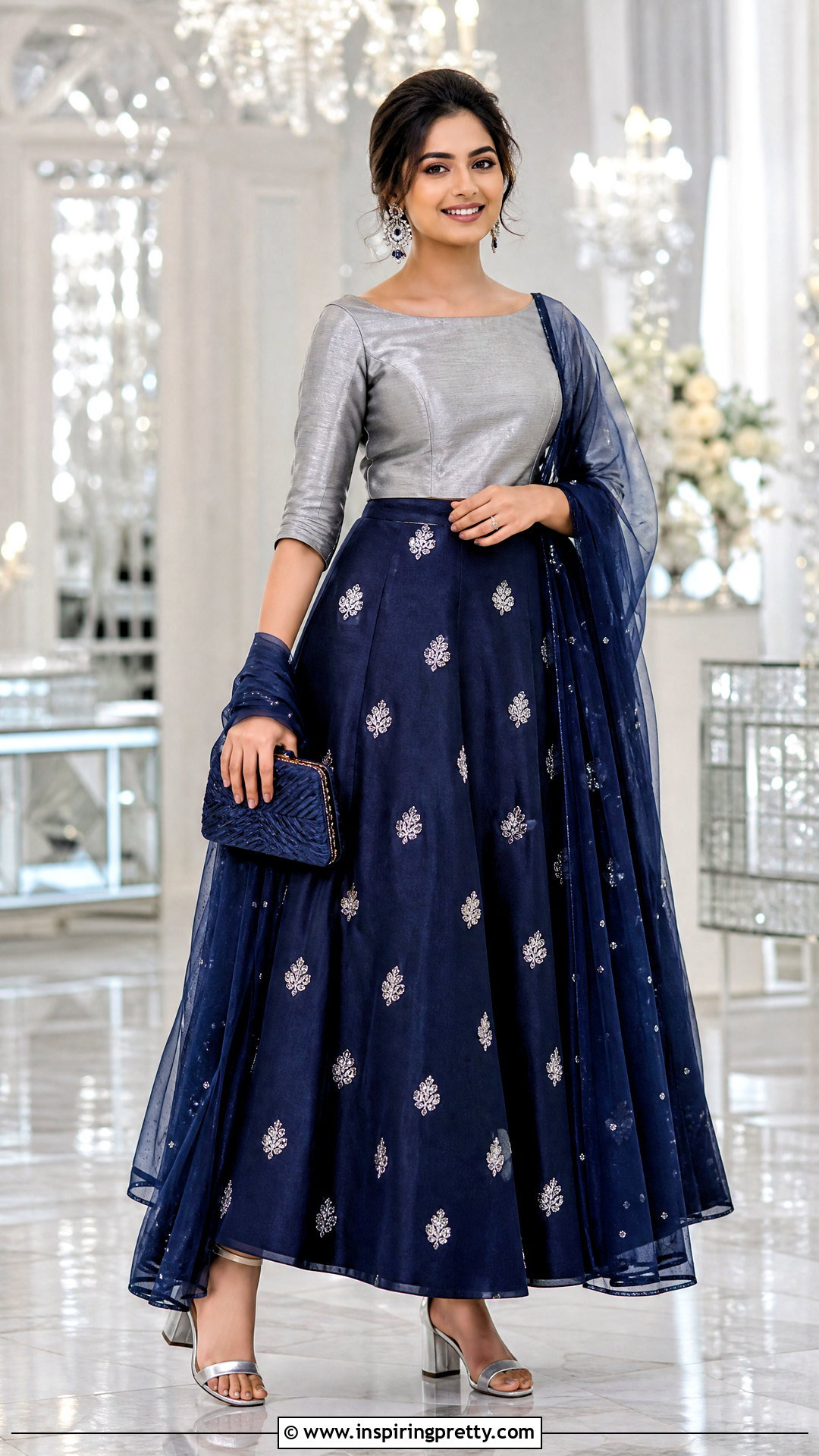 Navy Skirt And Silver Blouse Outfit - 50 traditional skirt and top outfit ideas