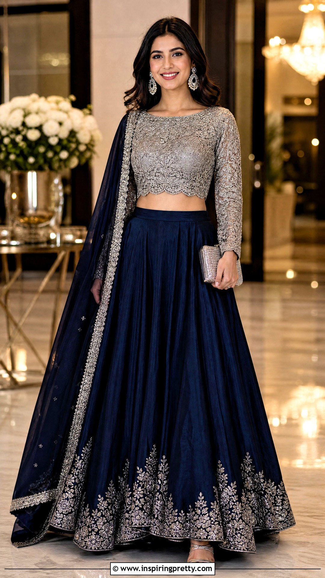 Navy Skirt With Silver Embroidered Blouse - 50 traditional skirt and top outfits