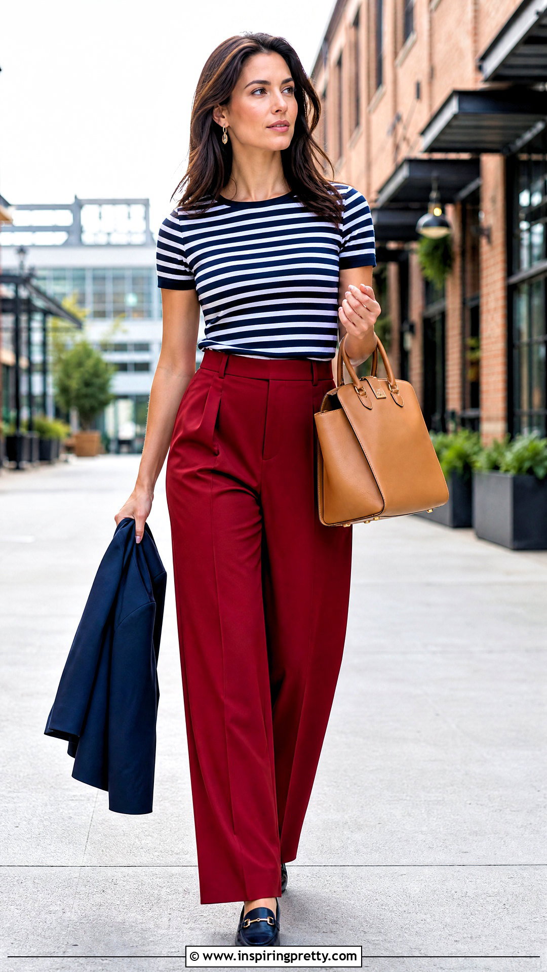 Navy Striped Top With Red Trousers - 50 stripes top outfit ideas