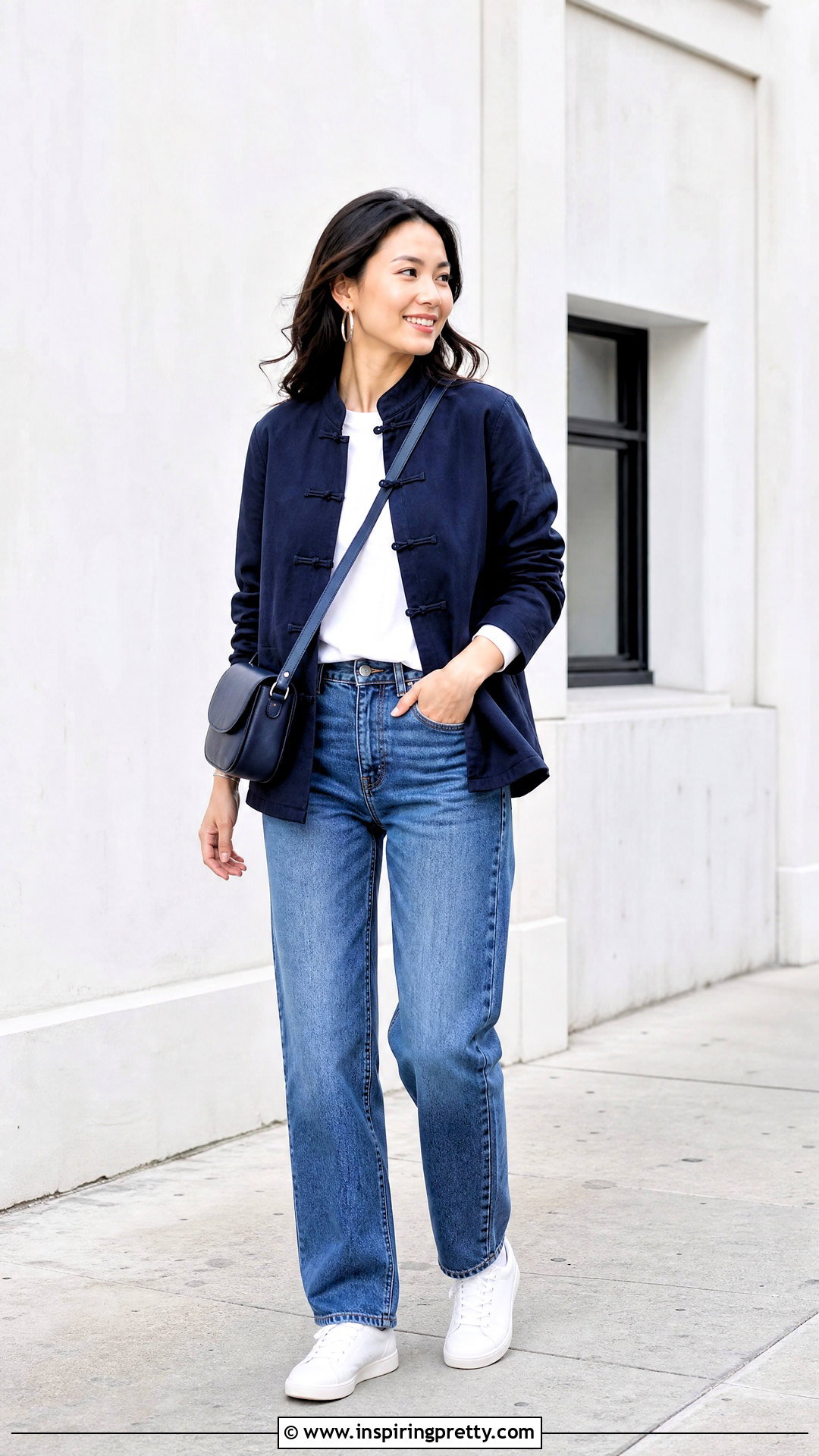 Navy Tang Jacket With Blue Jeans - 50 chinese top outfit ideas