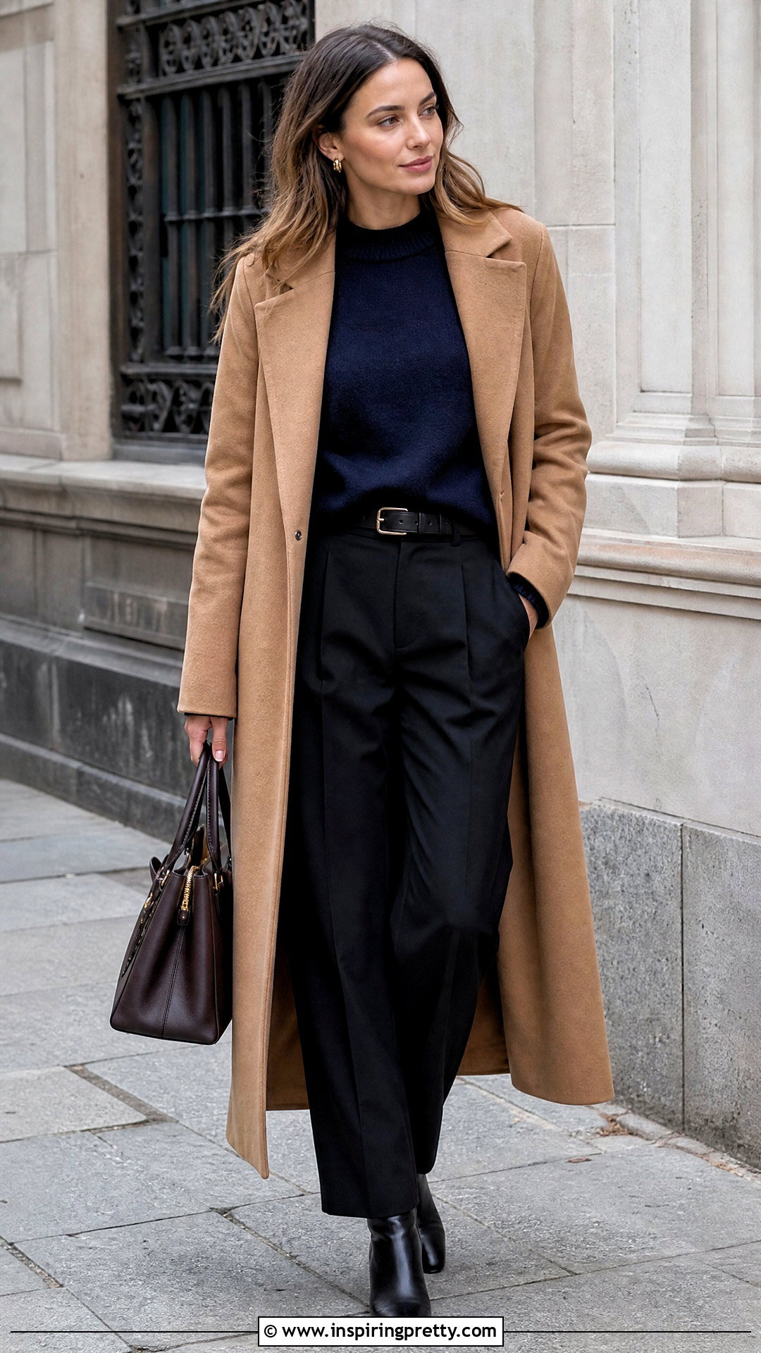 Navy Top With a Camel Coat and Black Pants - 50 navy top outfit ideas