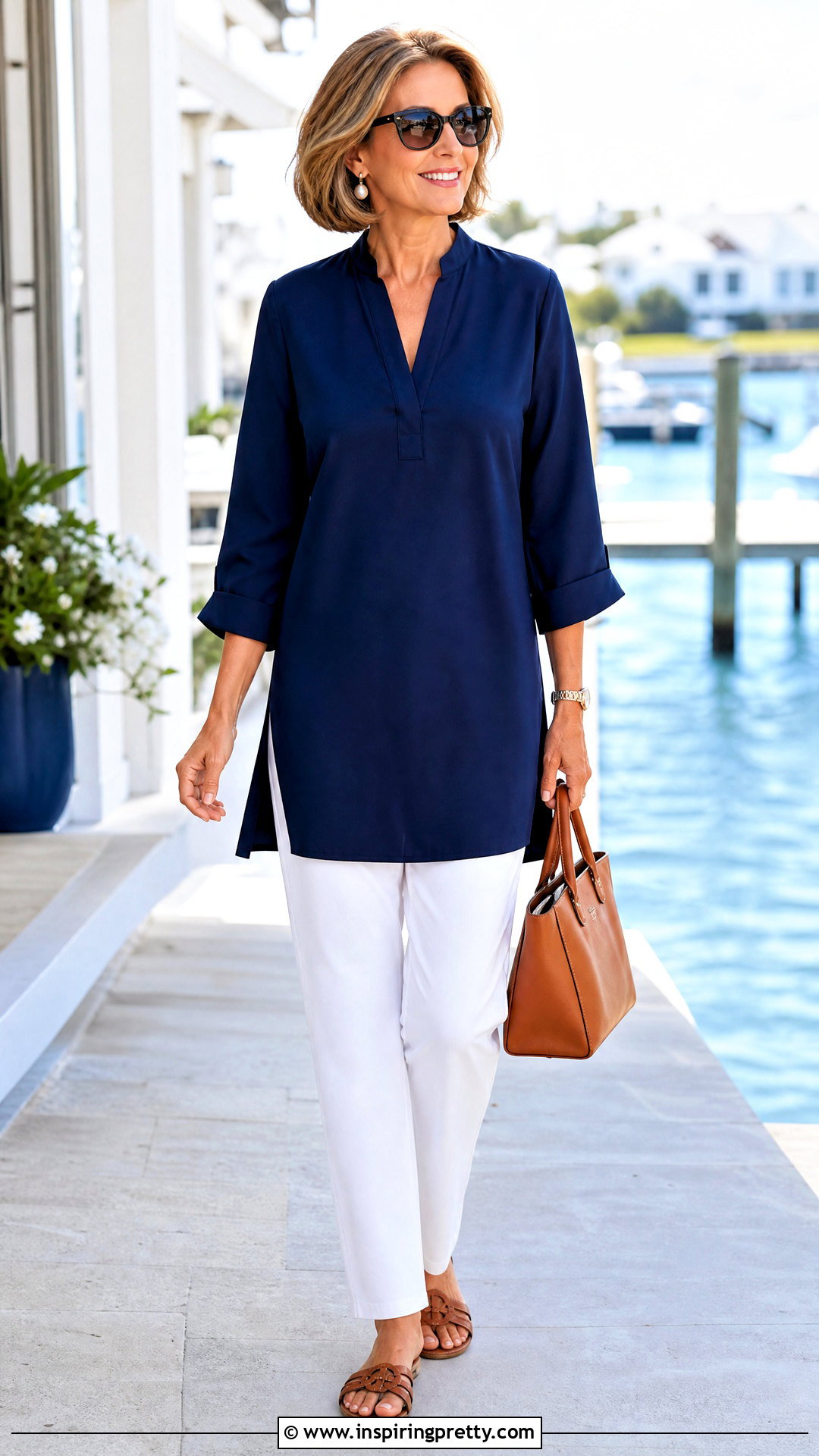 Navy Tunic Top With White Pants - 50 stylish tunic tops outfit ideas