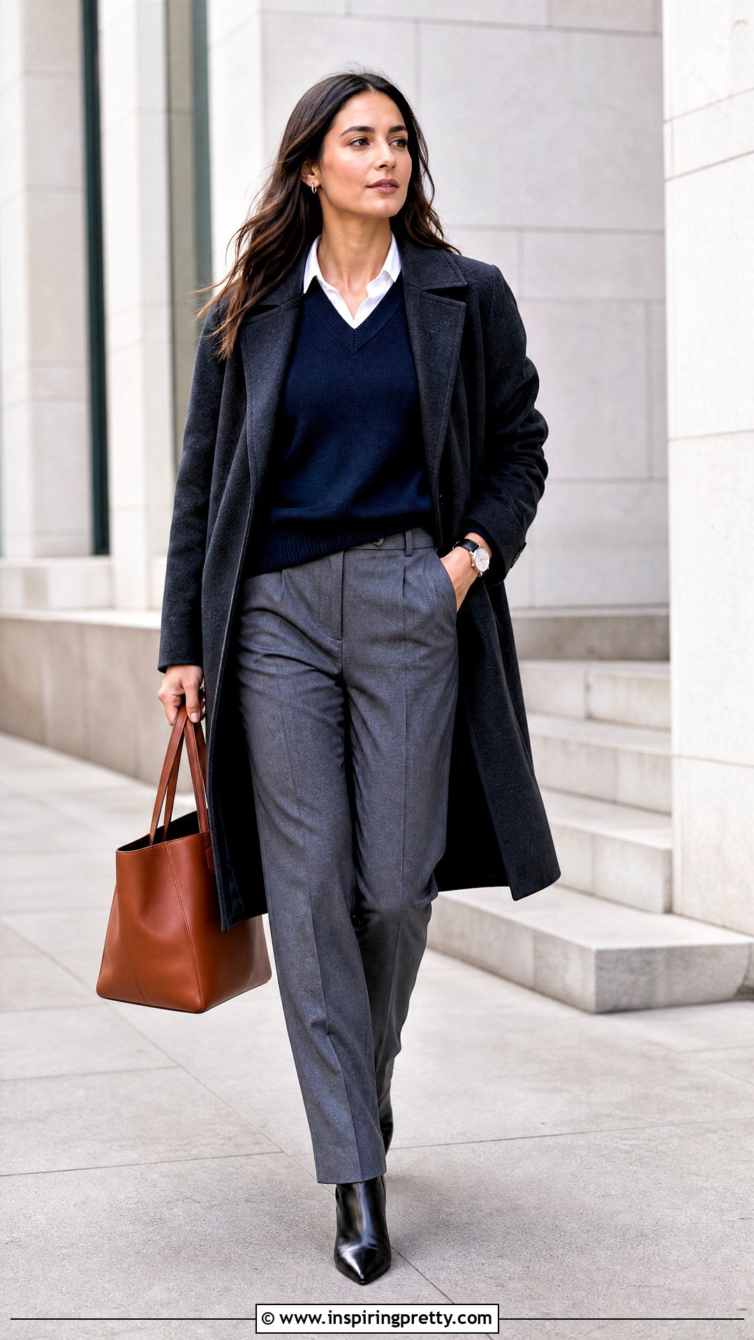 Navy V Neck Sweater And Trousers Outfit - 50 winter tops outfit ideas