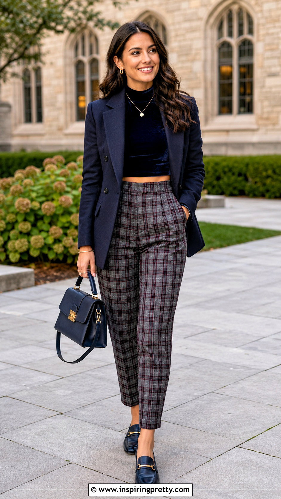 Navy Velvet Crop Top With Plaid Pants - 20 velvet crop top fall fashion ideas