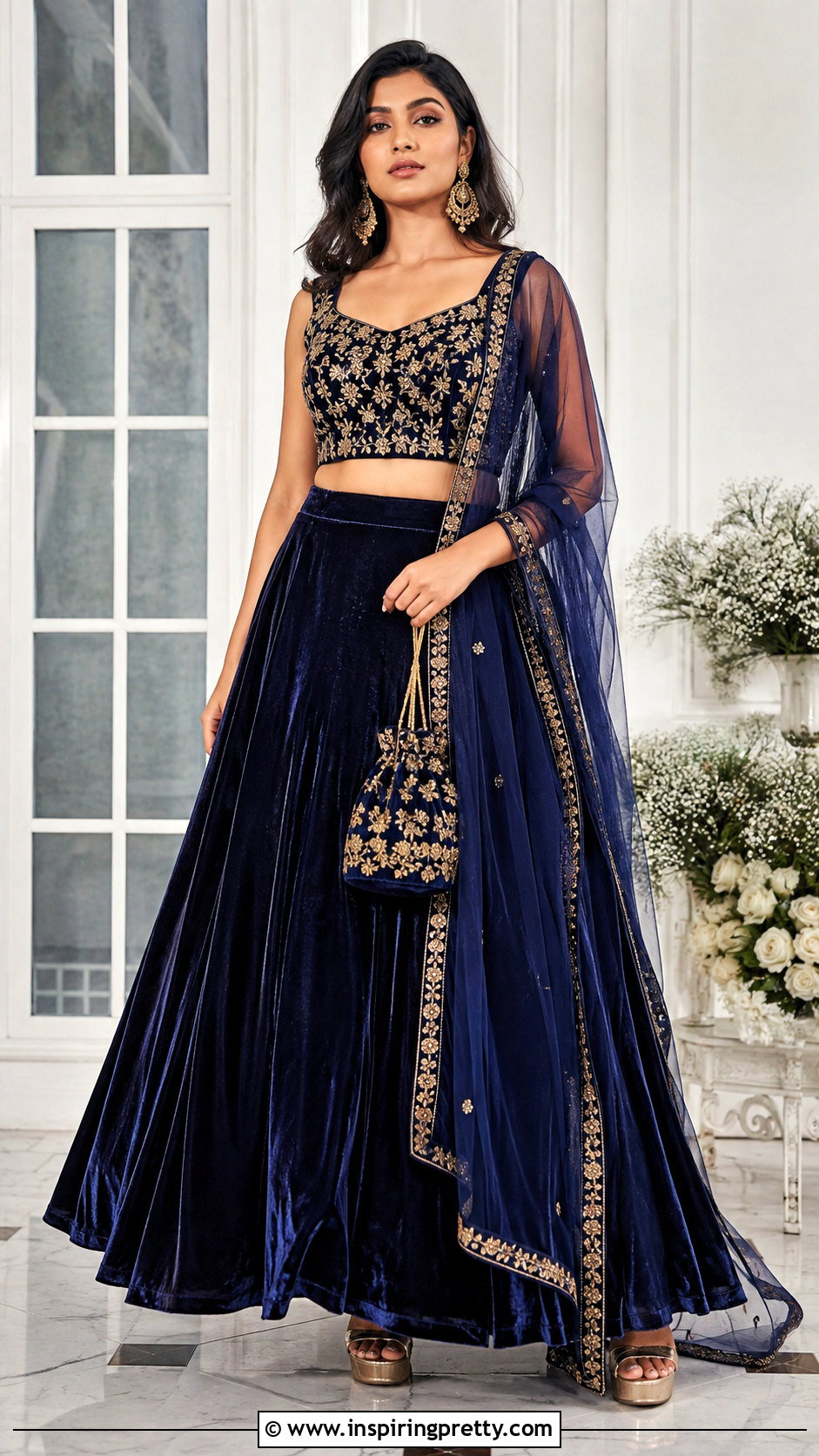 Navy Velvet Lehenga Crop Top Outfit - 50 party wear lehenga crop tops outfit ideas