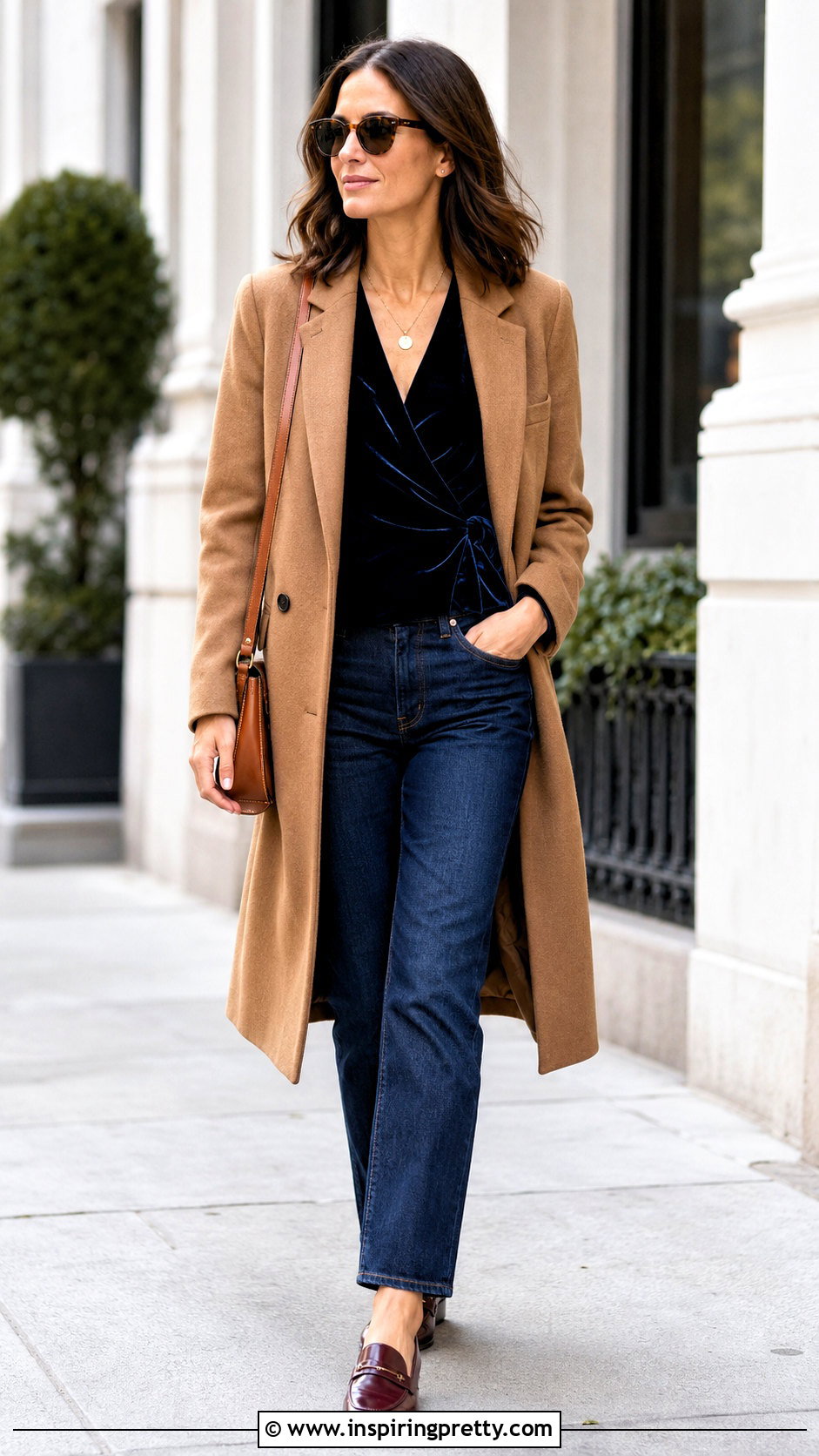Navy Velvet Wrap Top With Dark Wash Straight Jeans - 20 navy velvet wrap top outfit ideas