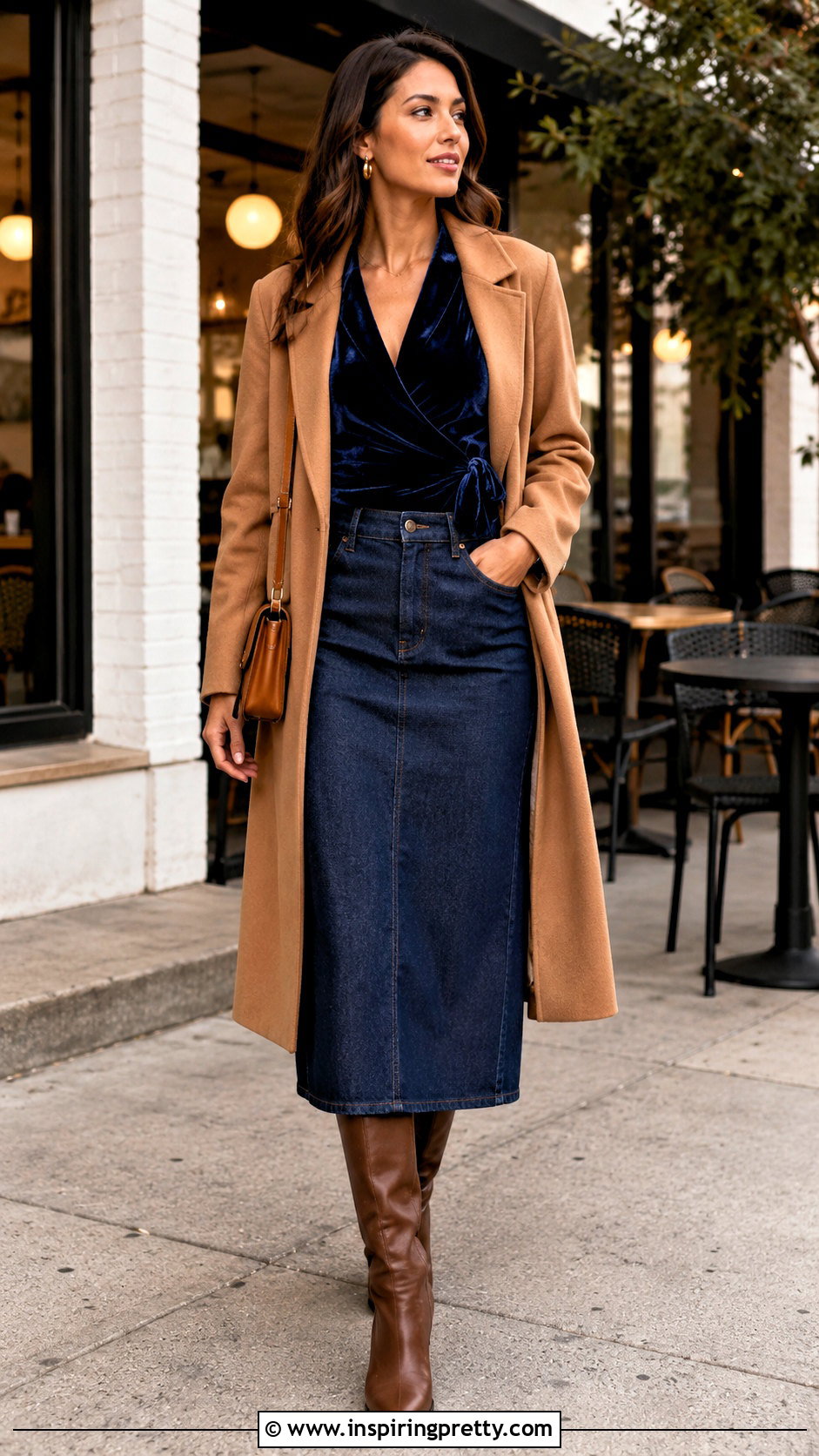 Navy Velvet Wrap Top With Denim Midi Skirt - 20 navy velvet wrap top outfit ideas