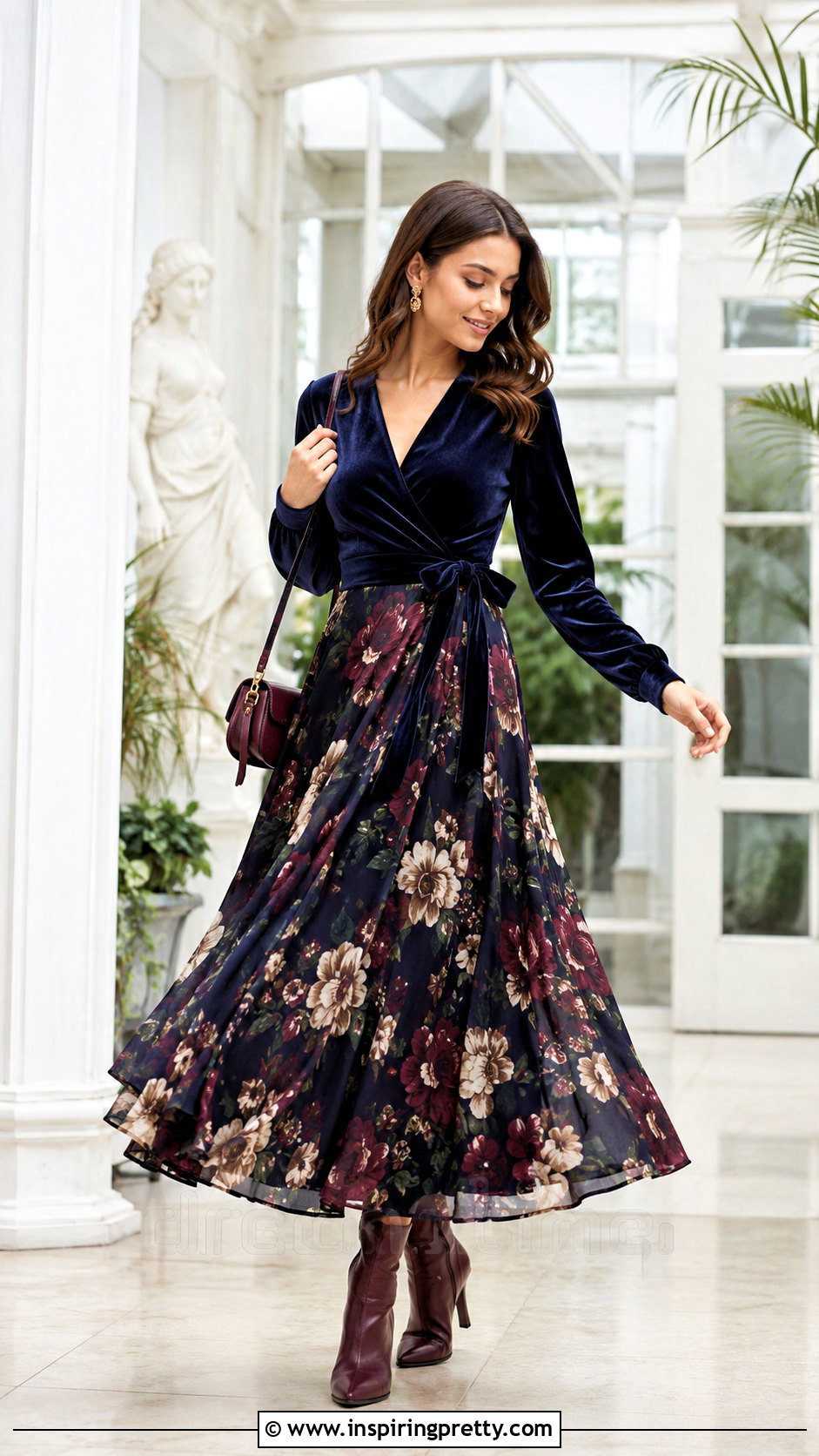 Navy Velvet Wrap Top With Floral Maxi Skirt - 20 navy velvet wrap top outfit ideas