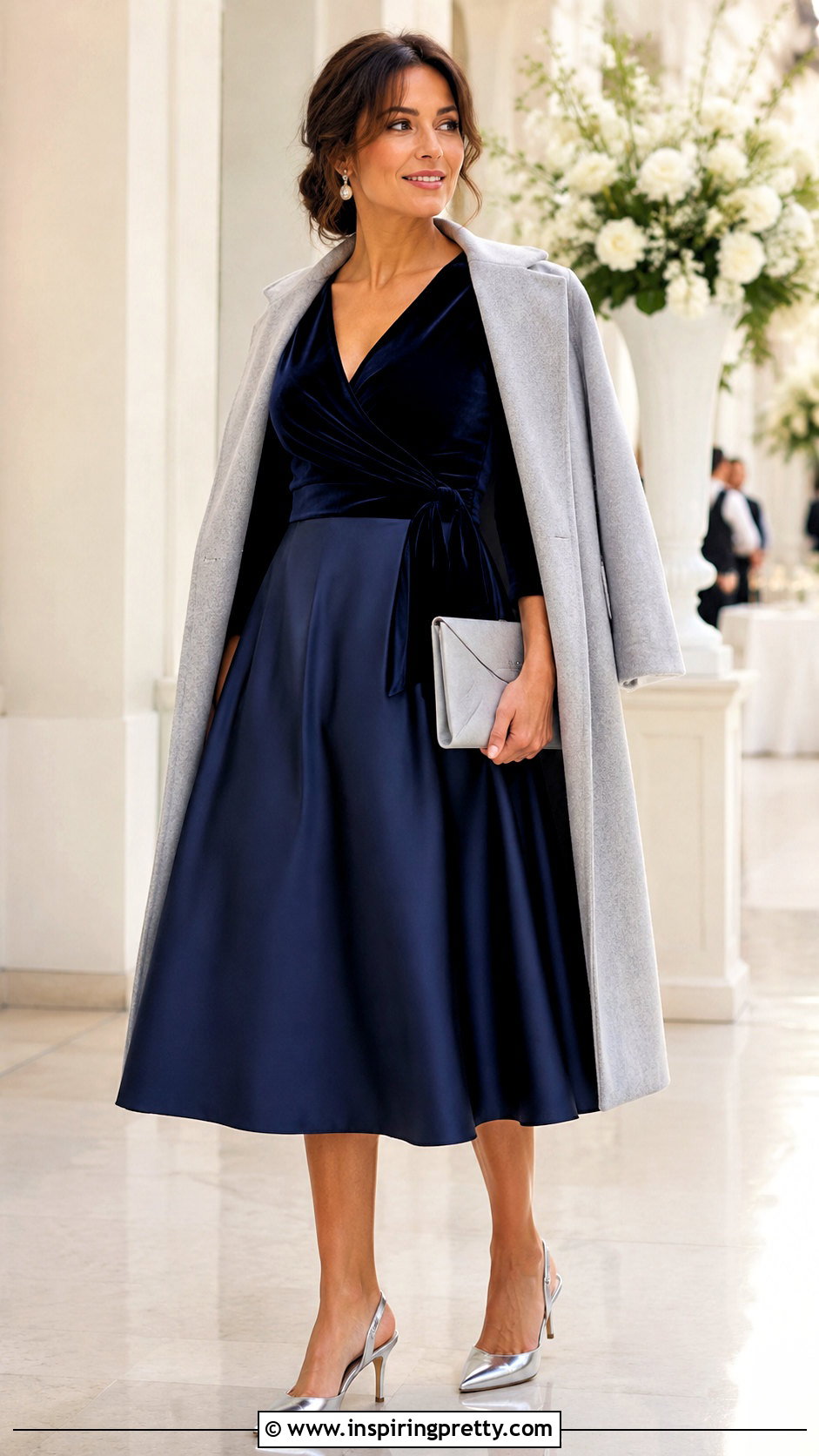 Navy Velvet Wrap Top With Navy Midi Skirt - 20 navy velvet wrap top outfit ideas