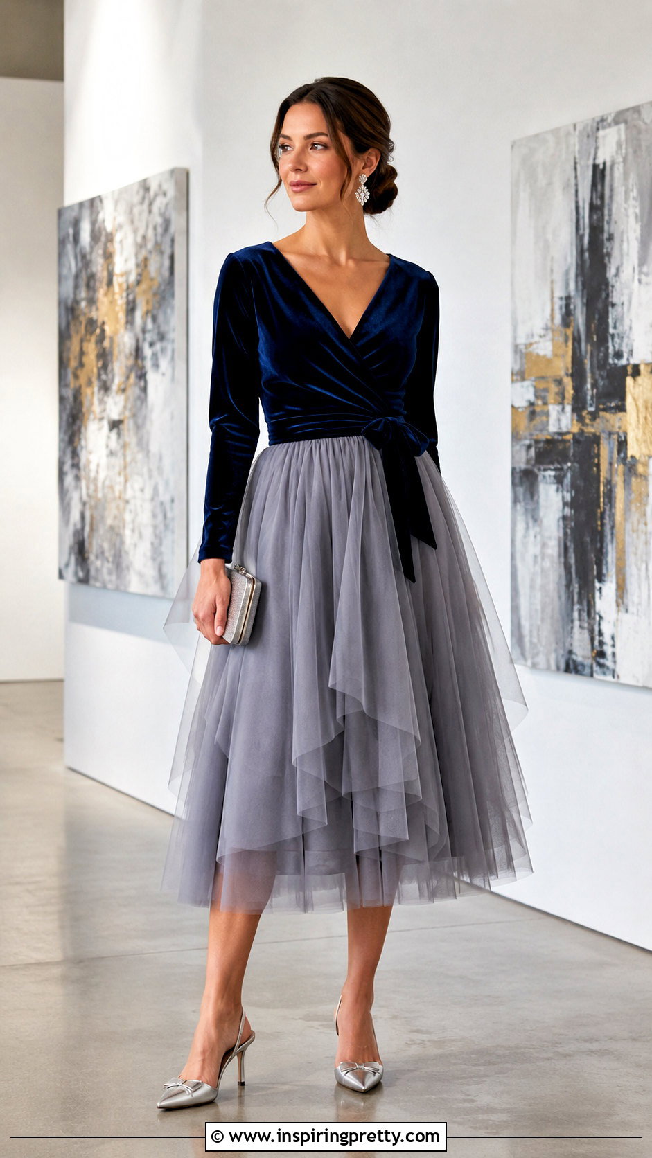 Navy Velvet Wrap Top With Tulle Midi Skirt - 20 navy velvet wrap top outfit ideas