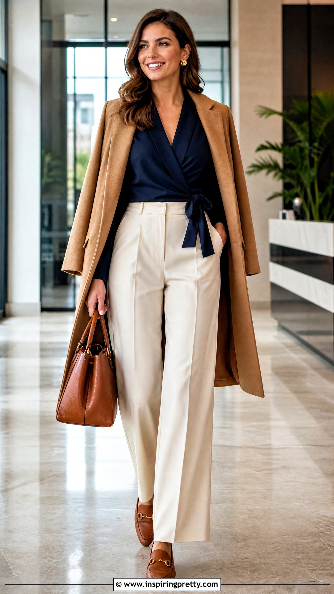 Navy Wrap Autumn Top With Cream Pants - 50 autumn tops outfit ideas