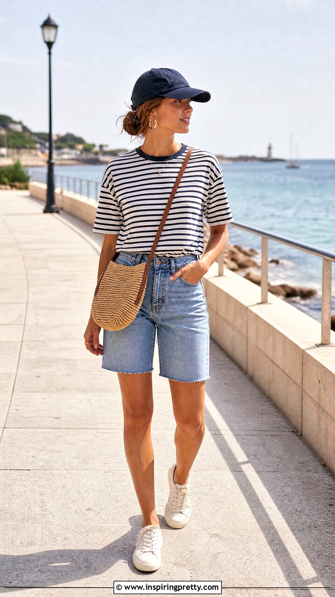 Navy and Cream Two Tone Summer Top With Denim Shorts - 20 Two-Tone Summer Top outfit ideas