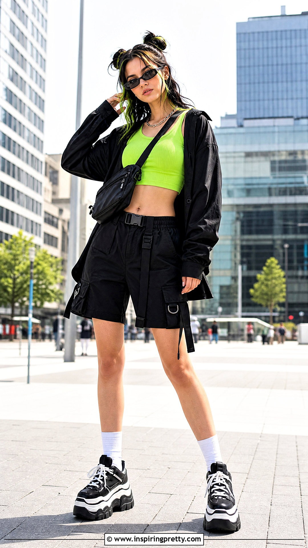Neon Crop Top And Black Shorts Outfit - 25 egirl crop top outfit ideas
