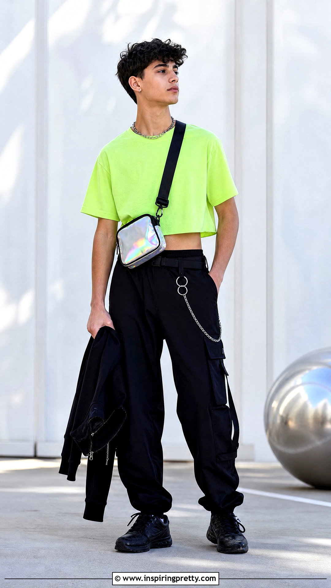 Neon Crop Top With Black Pants - 50 boys in crop tops outfit ideas