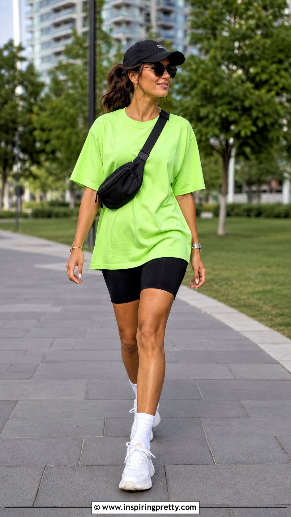 Neon Green Top With Black Biker Shorts - 20 Neon Green Fashion Top outfit ideas