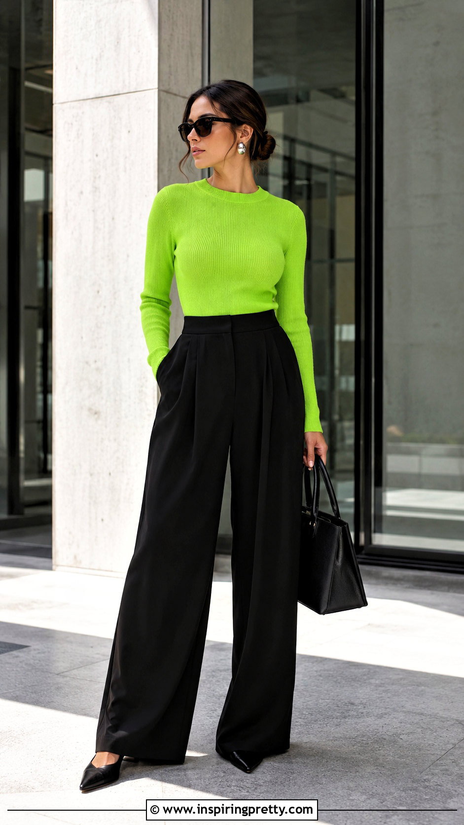 Neon Green Top With Black Wide Leg Pants - 20 Neon Green Fashion Top outfit ideas