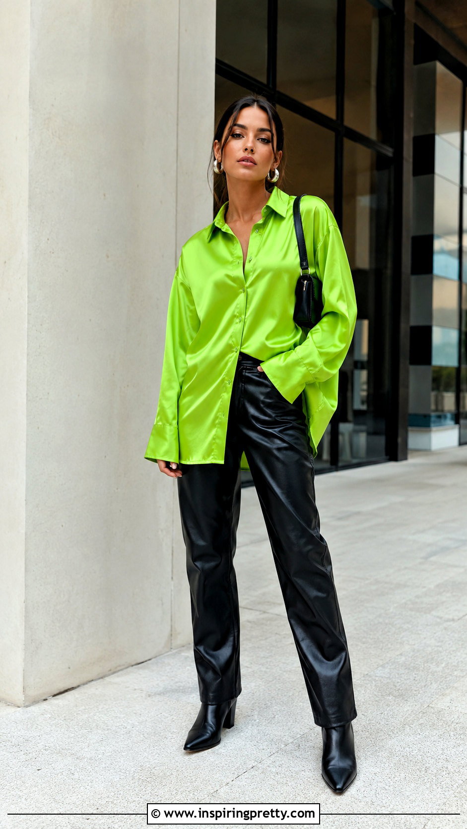 Neon Green Top With Faux Leather Pants - 20 Neon Green Fashion Top outfit ideas