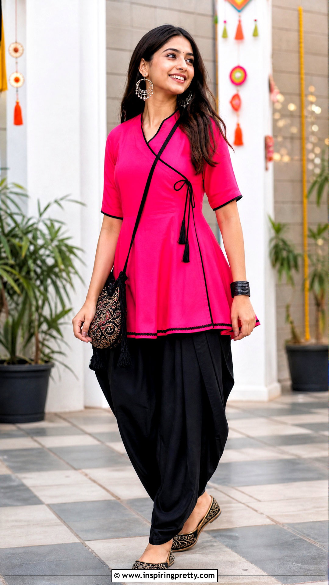 Neon Kediyu With Black Dhoti Pants - 50 Kediyu Top For Navratri outfit ideas