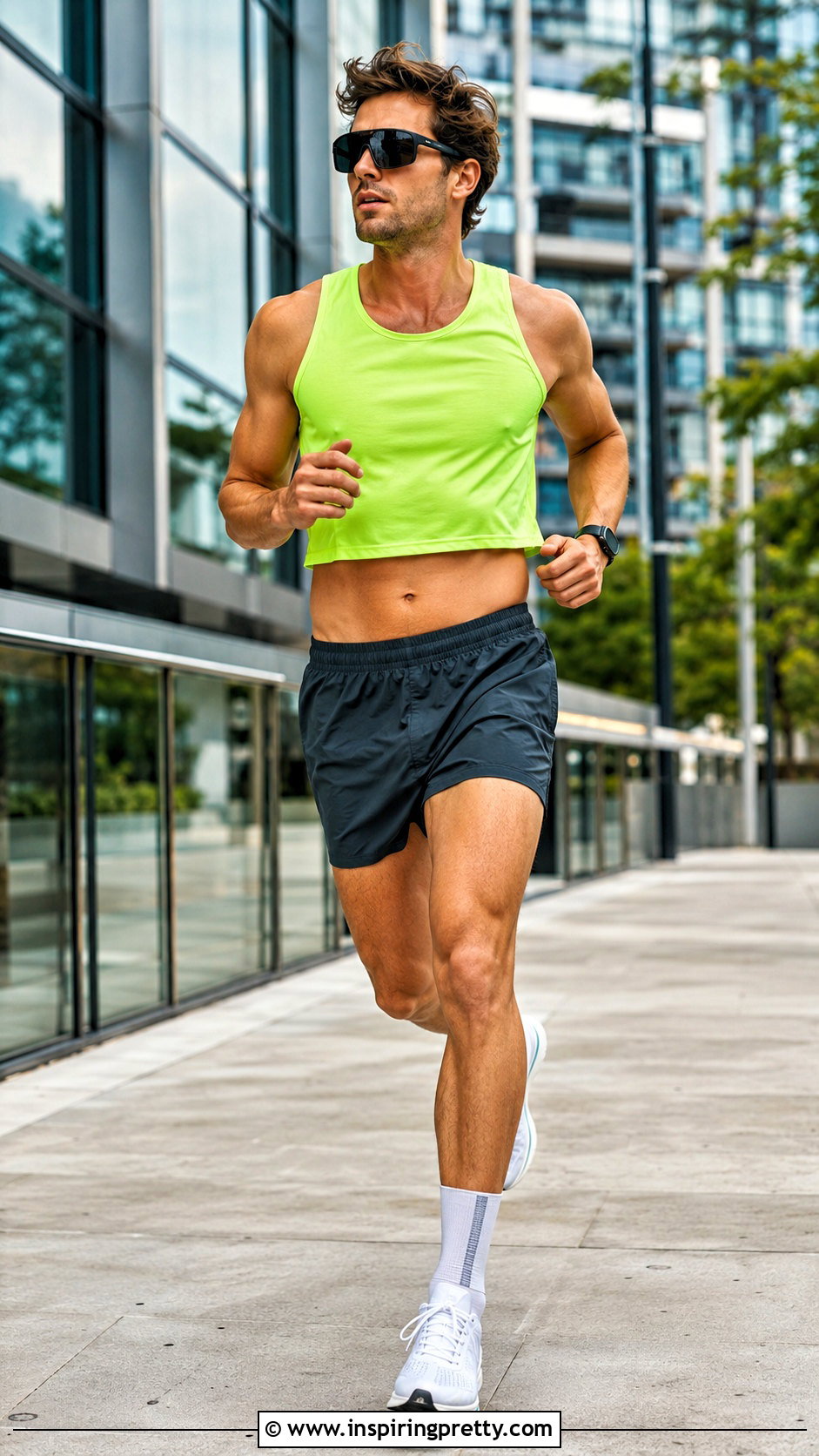 Neon Mens Running Crop Top With Gray Shorts - 20 Mens Running Crop Tops