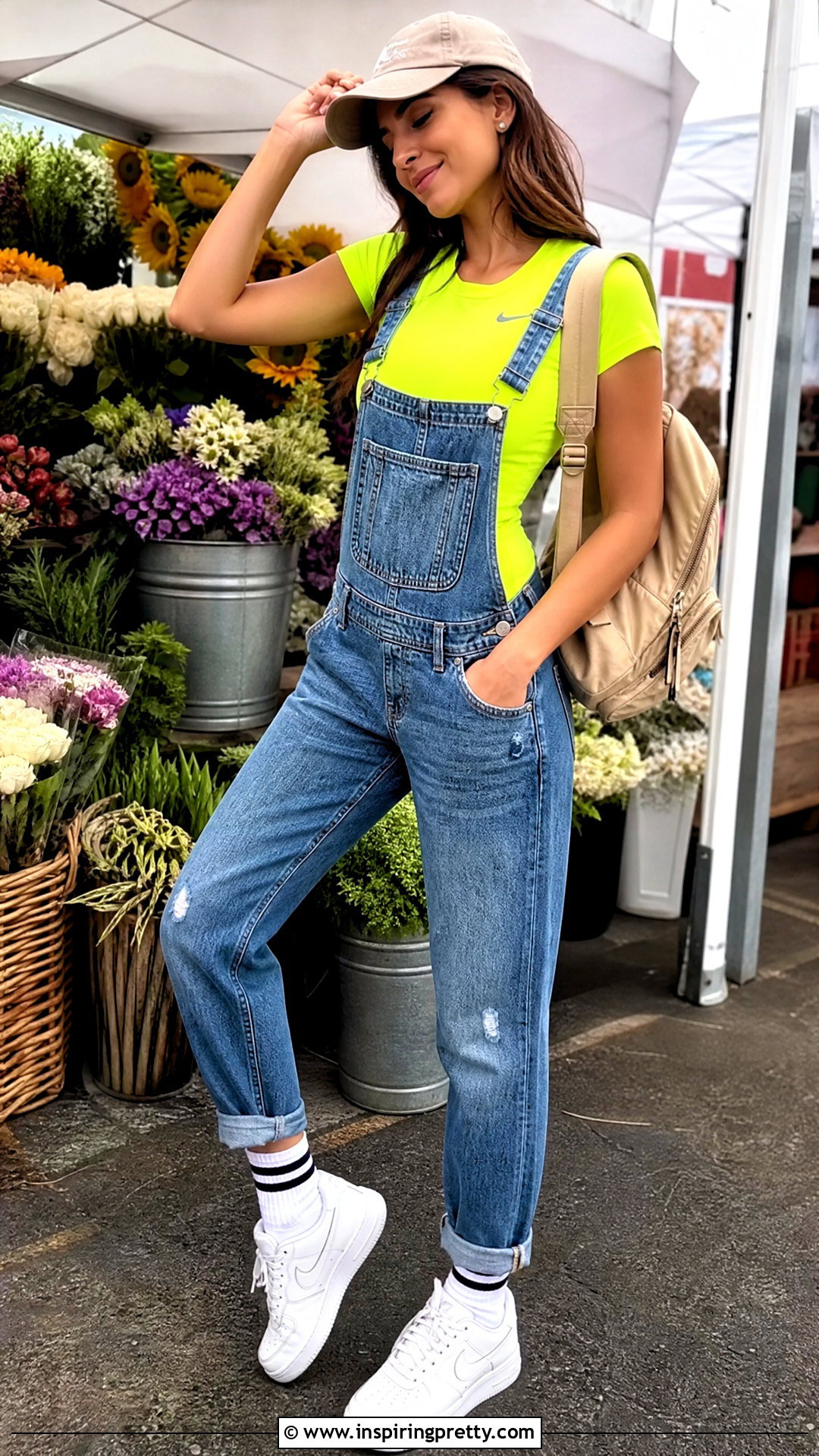 Neon Nike Top With Denim Overalls and Sneakers - 25 Neon Nike Top outfit ideas
