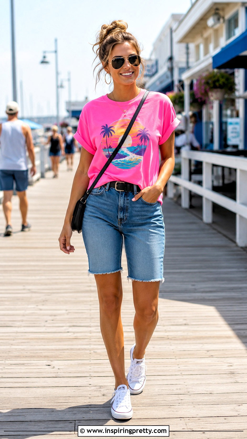 Neon Pink Graphic Top With Denim Shorts - 20 Neon Pink Fashion Top outfit ideas