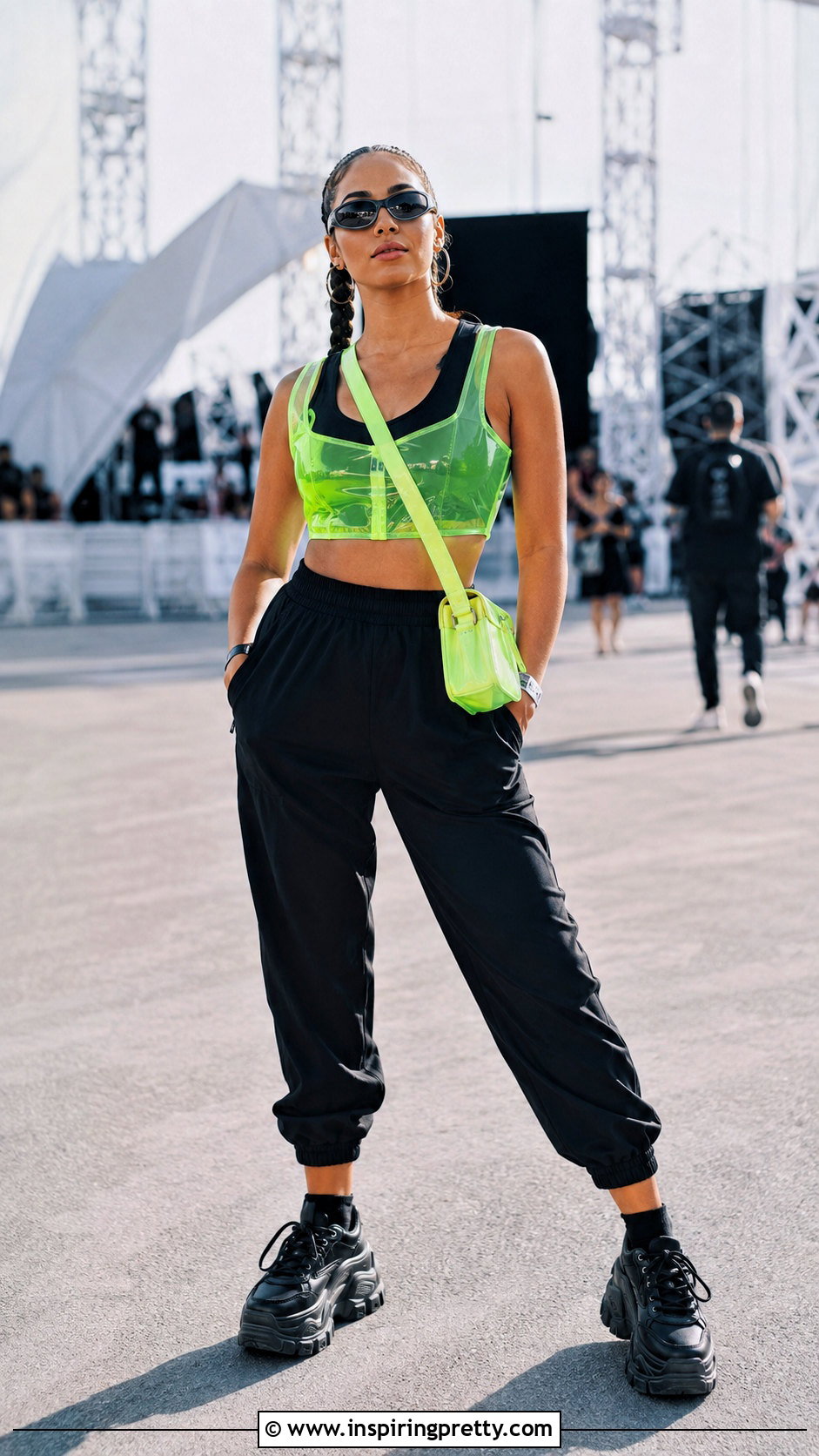 Neon Plastic Crop Top With Black Joggers - 25 plastic crop top outfit ideas