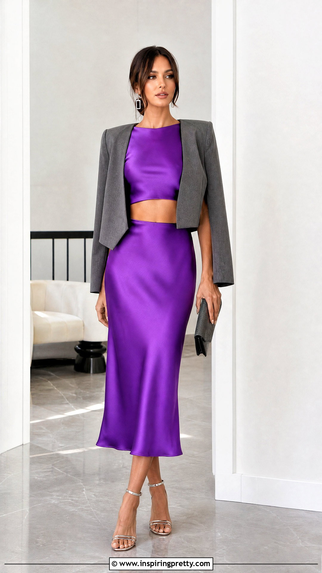 Neon Purple Crop Top And Satin Skirt Set - 20 Neon Skirt And Top Set ideas