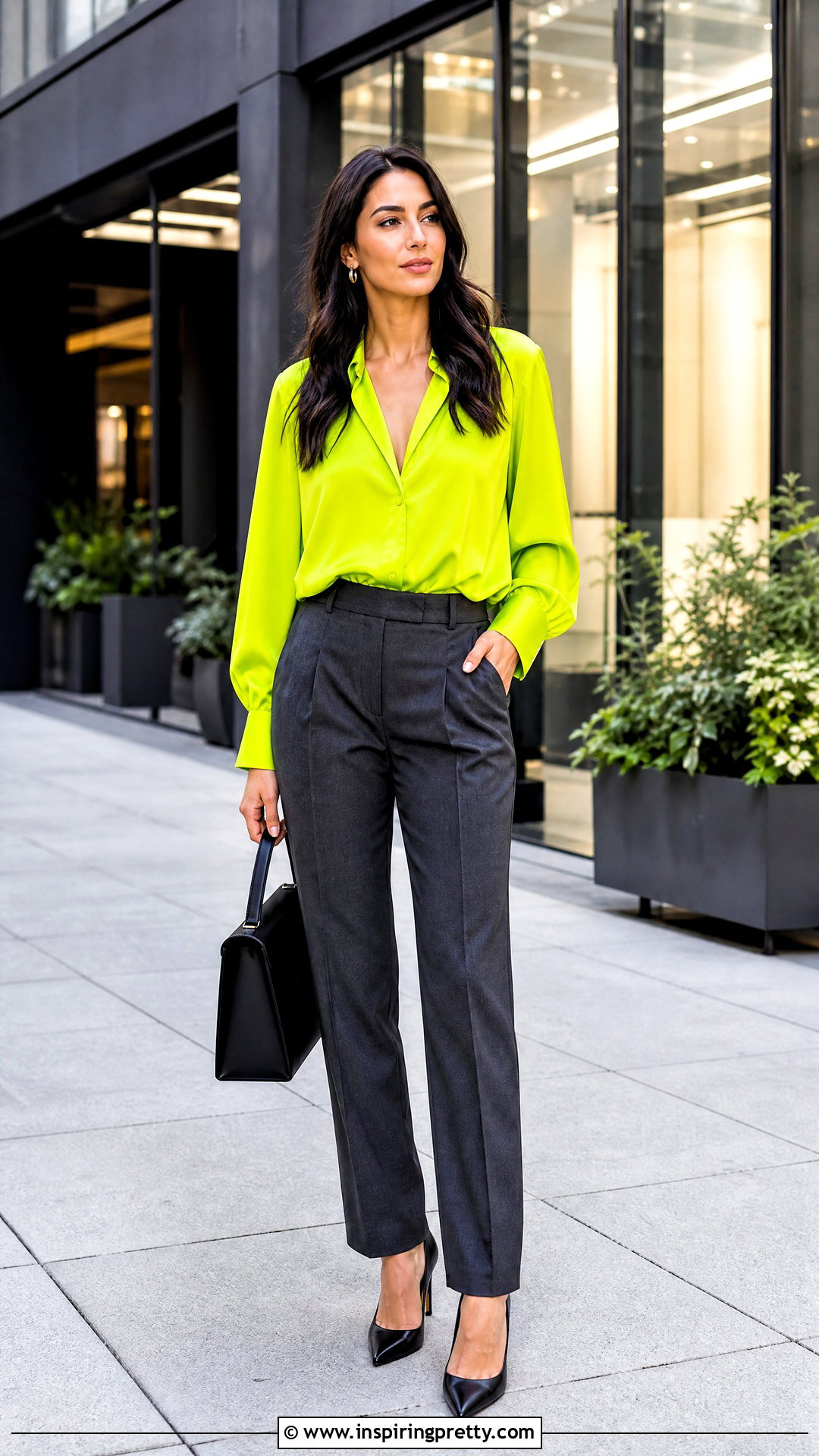 Neon Statement Blouse With Gray Trousers - 50 statement tops outfit ideas