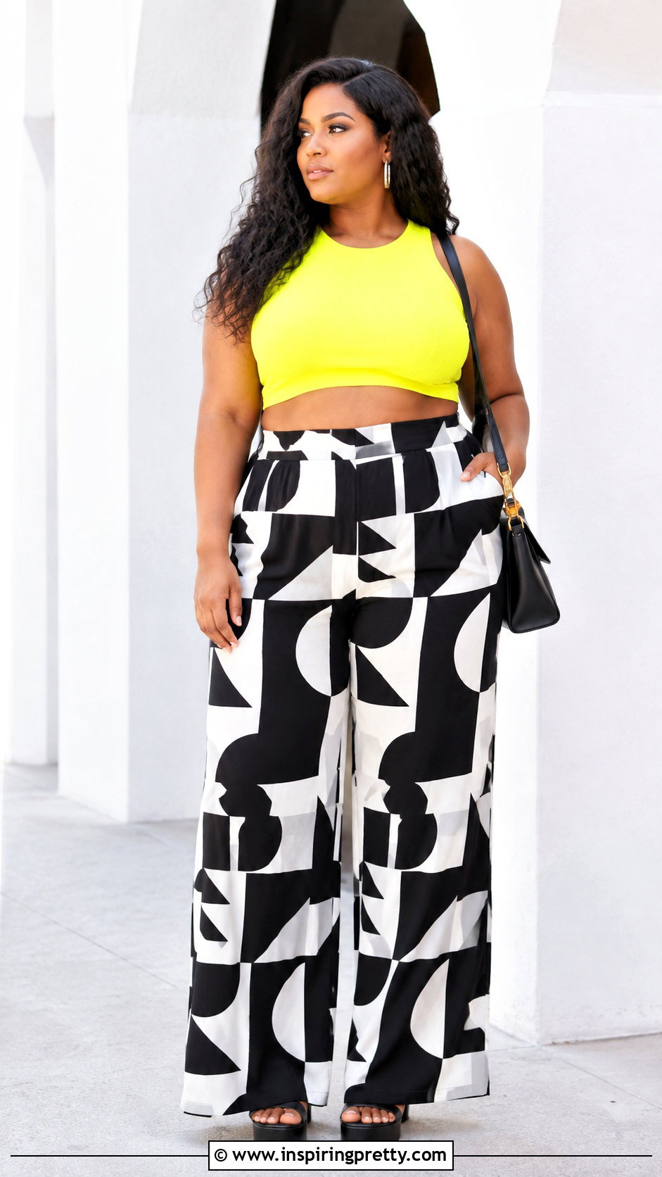 Neon Yellow Crop Top With Black And White Printed Pants - 25 Neon Yellow Crop Top outfit ideas
