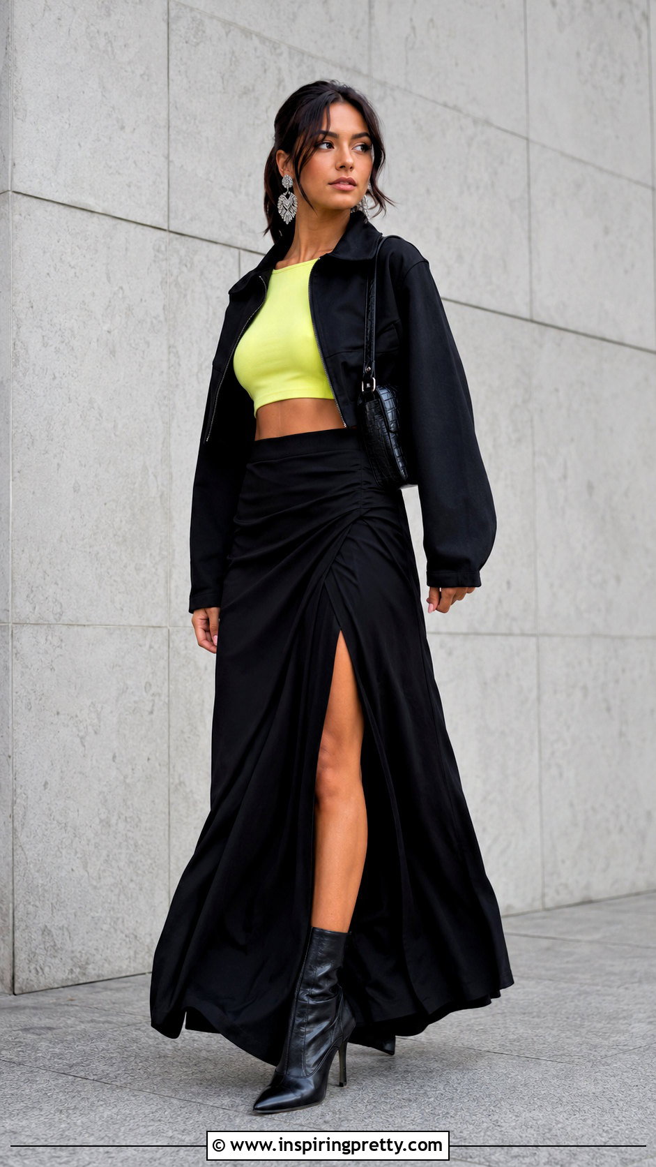 Neon Yellow Crop Top With Black Maxi Skirt - 25 Neon Yellow Crop Top outfit ideas