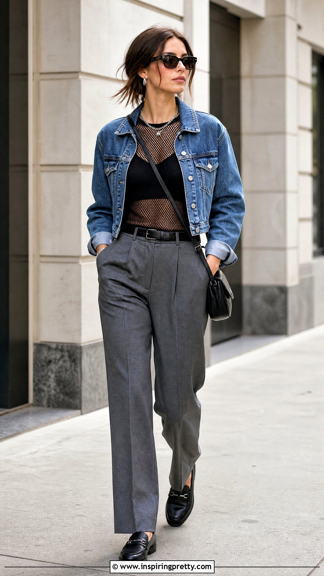 Net Top With A Denim Jacket And Trousers - 50 net top outfits
