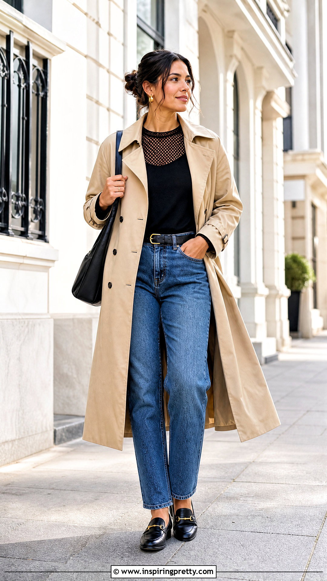 Net Top With A Trench Coat And Jeans - 50 net top outfits