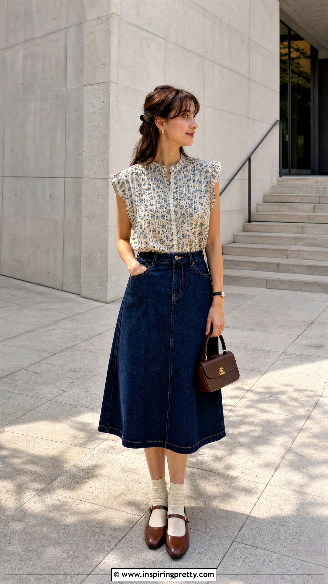 Neuflora Leland Top With a Denim Midi Skirt and Mary Janes - 20 neuflora leland top outfit ideas
