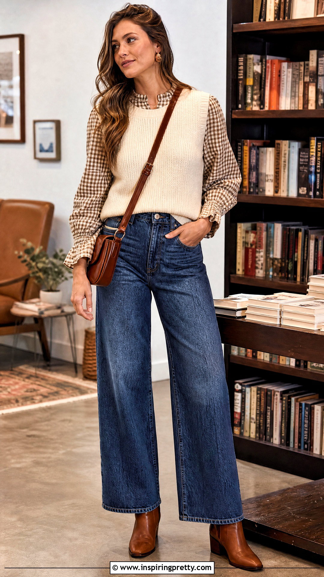 Neuflora Leland Top With a Knit Vest and Wide Leg Jeans - 20 neuflora leland top outfit ideas