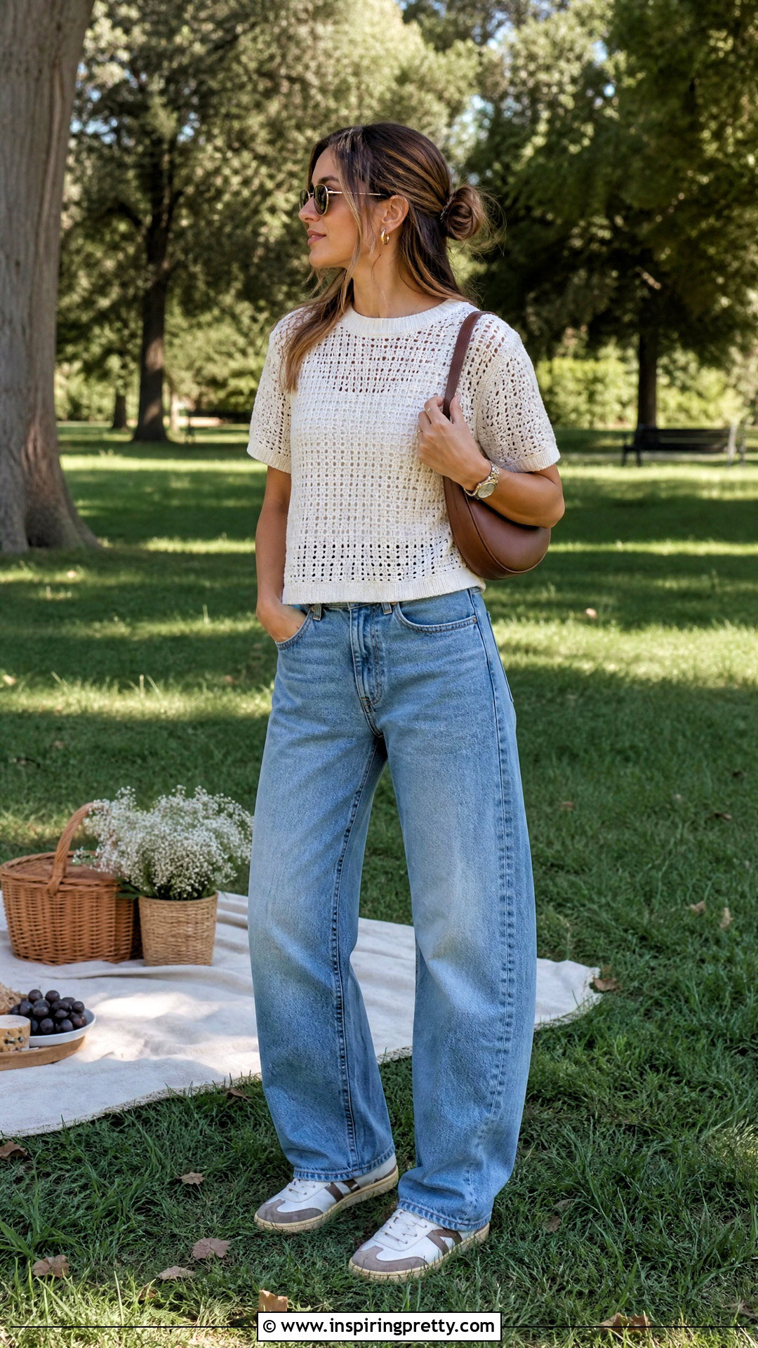 Neutral Crochet T Shirt With Barrel Jeans - 20 crochet top on grass outfit ideas