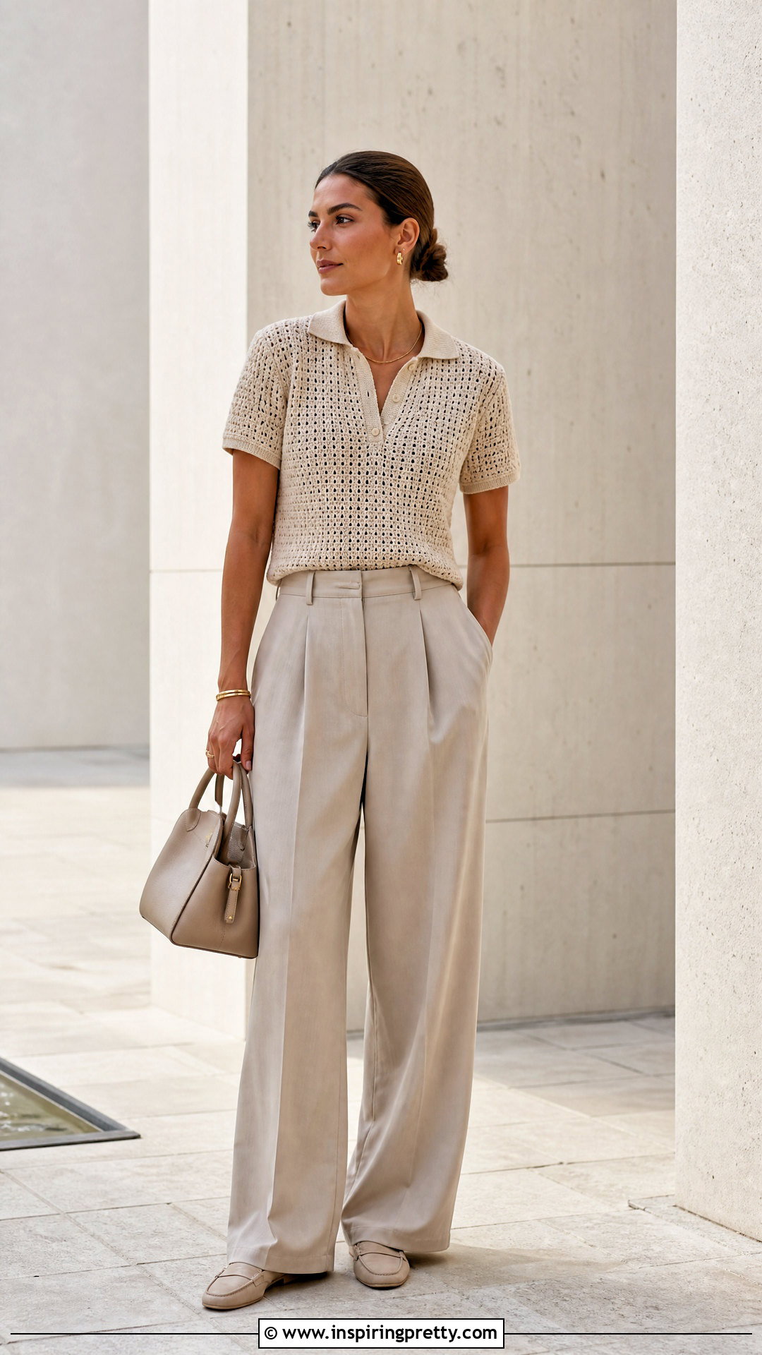 Neutral Crochet Top With Tonal Trousers - 50 crochet top outfit ideas