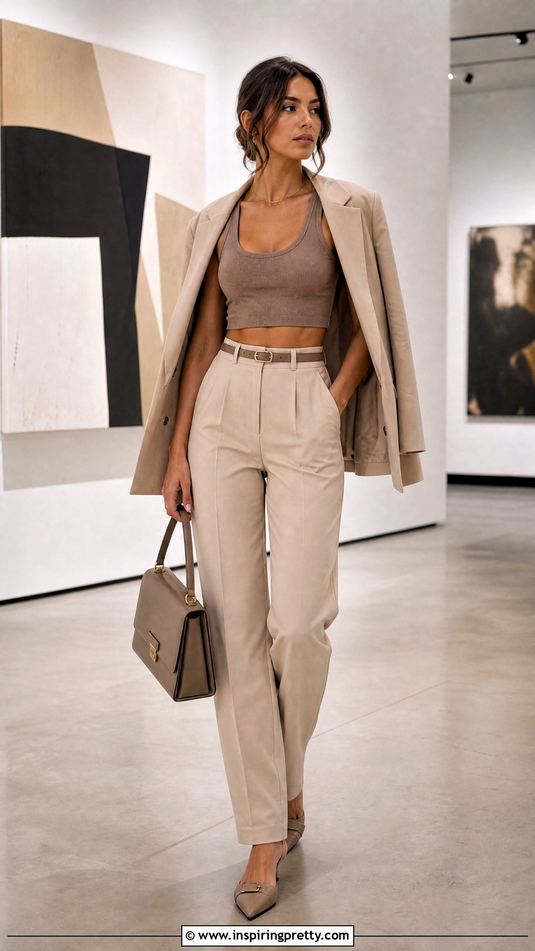 Neutral Crop Tank Top With Tailored Trousers - 50 Crop Tank Top outfit ideas