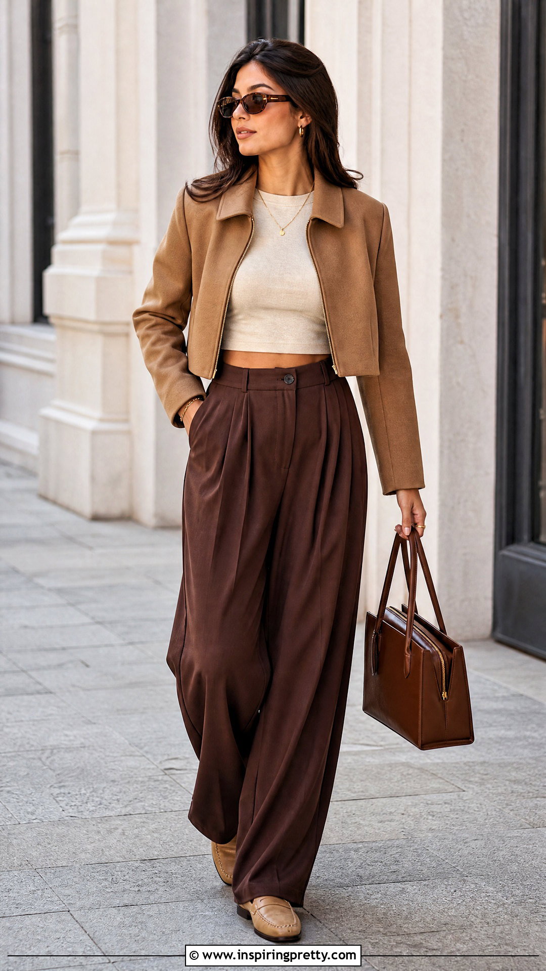 Neutral Crop Top With Brown Baggy Trousers - 50 baggy pants crop top outfit ideas