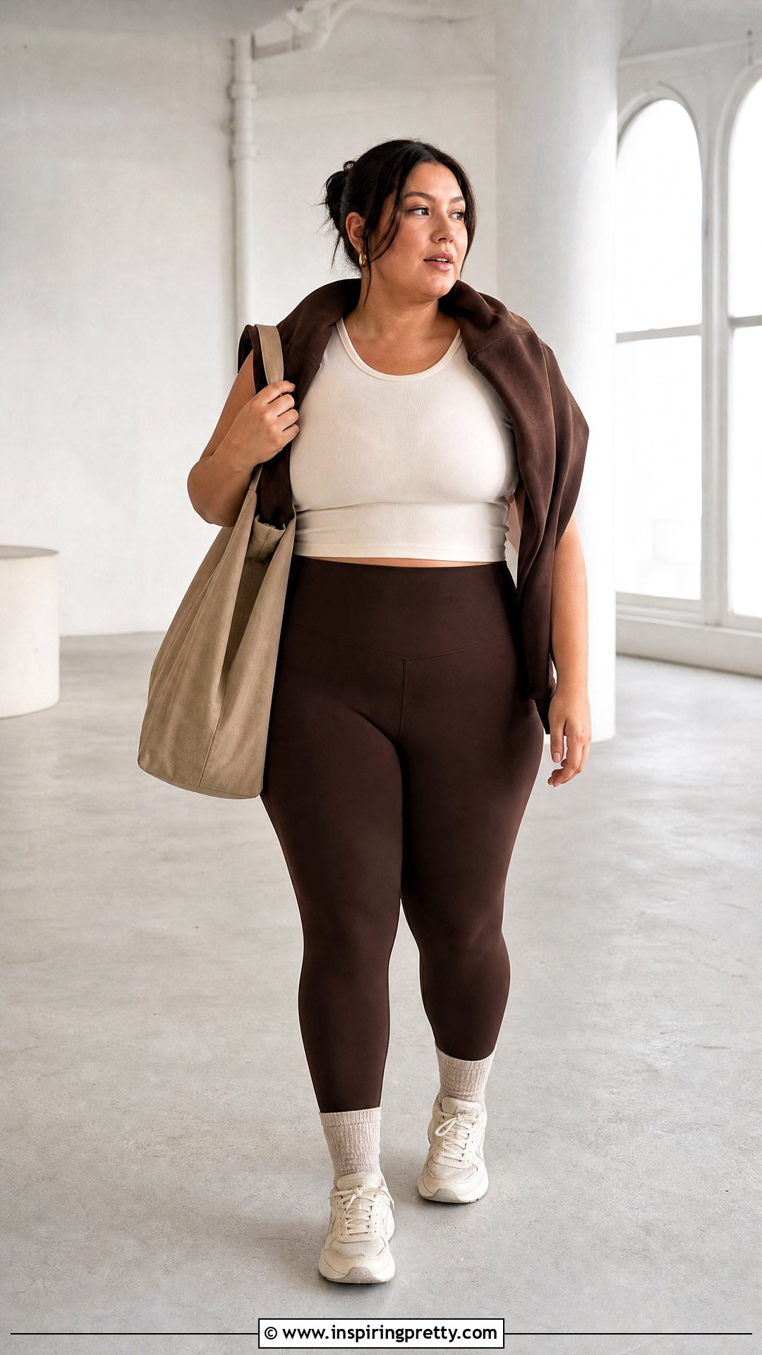 Neutral Crop Workout Top And Brown Leggings Outfit - 25 crop workout top outfit ideas