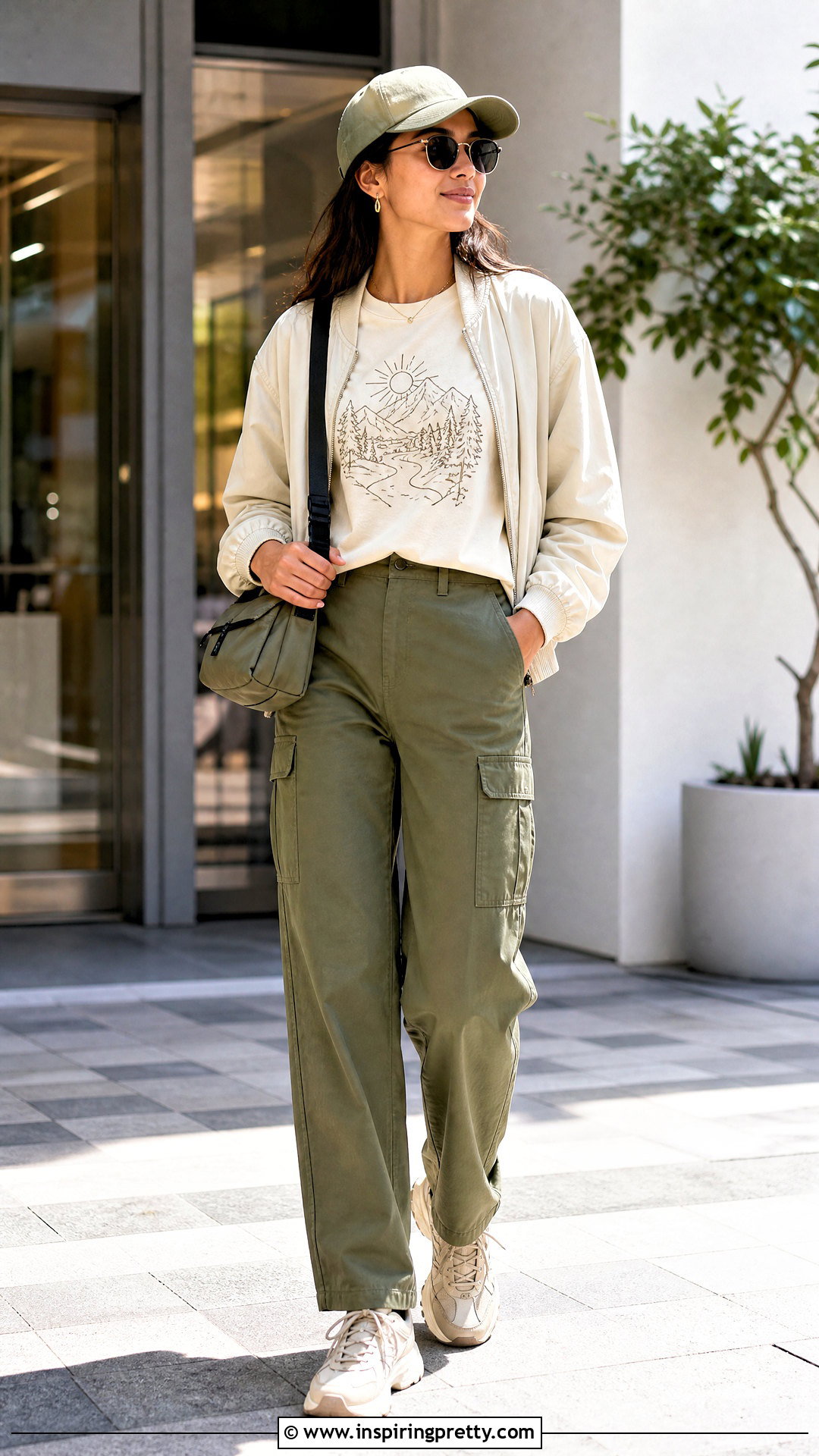 Neutral Graphic T Shirt With Cargo Pants - 50 cute basic tops outfit ideas