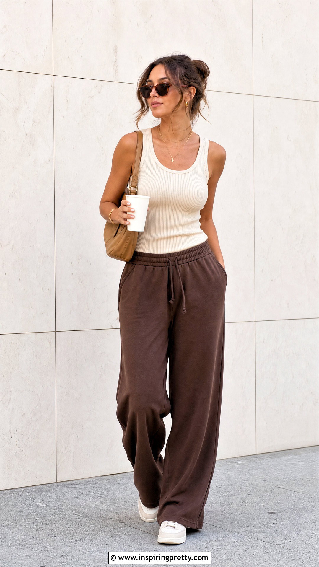 Neutral Tank Top And Brown Sweatpants Outfit - 20 sweatpants and tank top outfit ideas