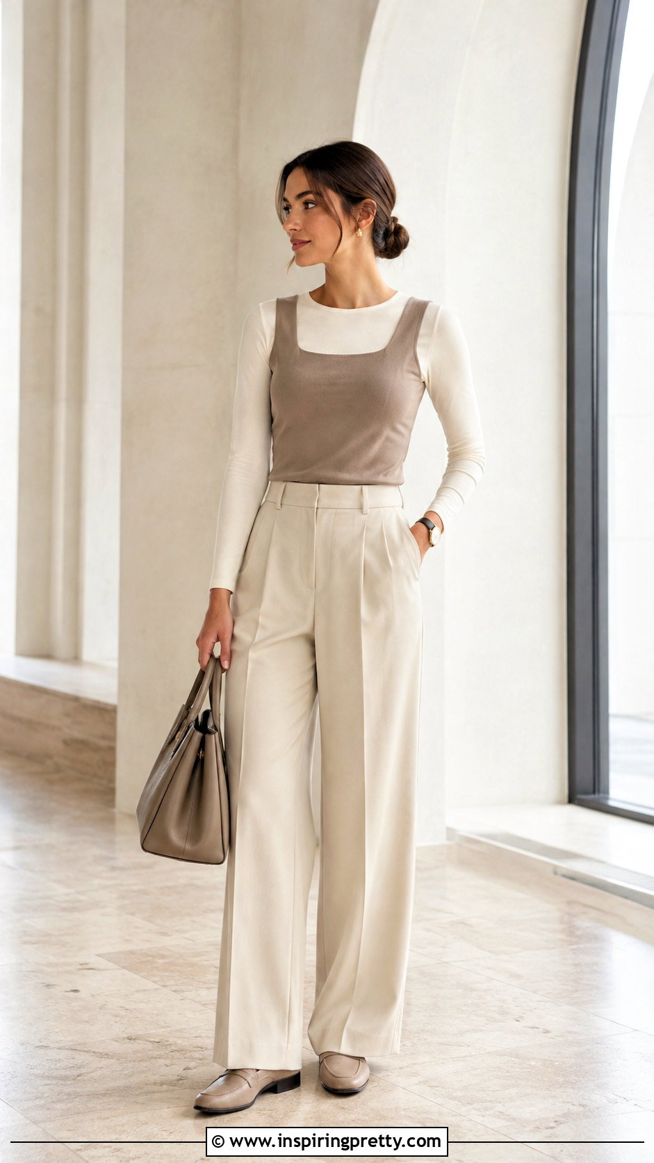 Neutral Tank Top Over Long Sleeve With Tailored Pants - 50 tank top over long sleeve outfit ideas