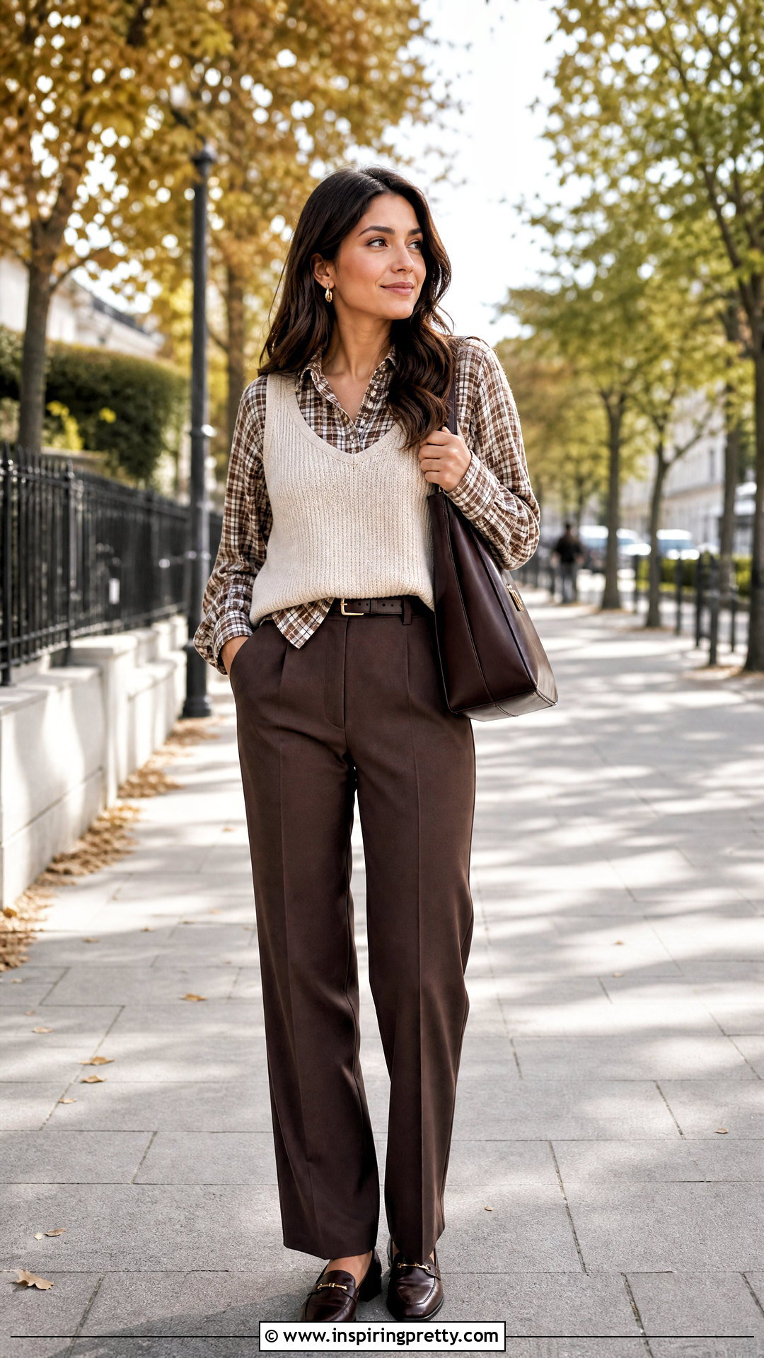 Neutral Tank Top Over Plaid Shirt With Brown Trousers - 50 tank top over shirt outfits