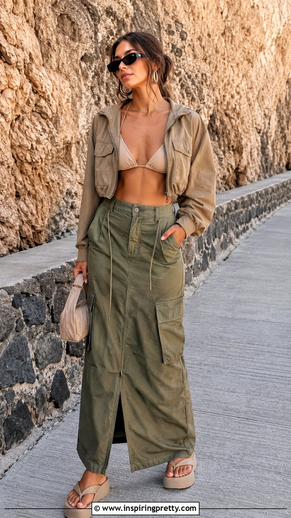 Neutral Triangle Top With Cargo Skirt - 50 triangle top outfit ideas