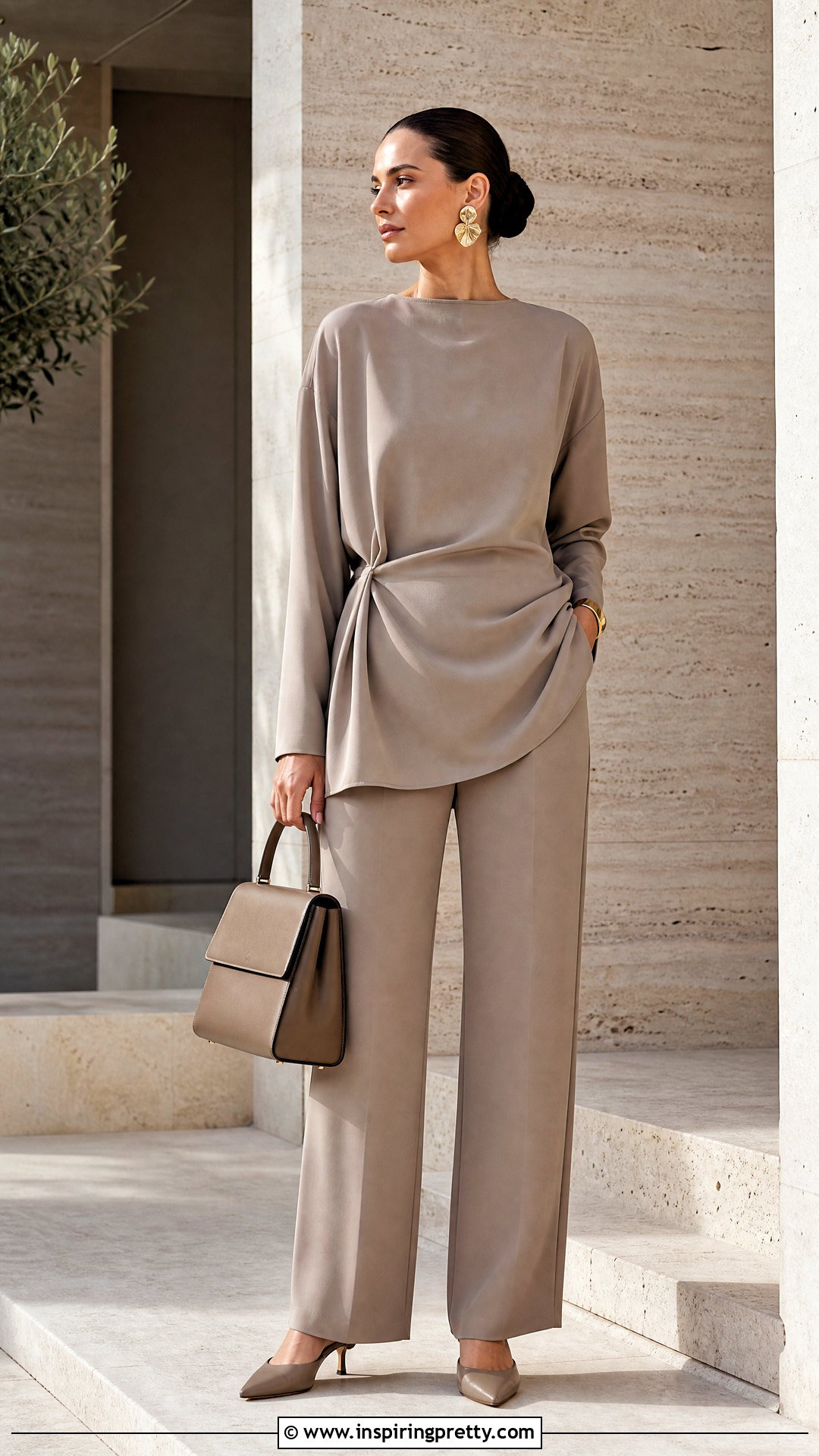 Neutral Tunic Top With Matching Trousers - 20 Chic Tunic Tops outfit ideas