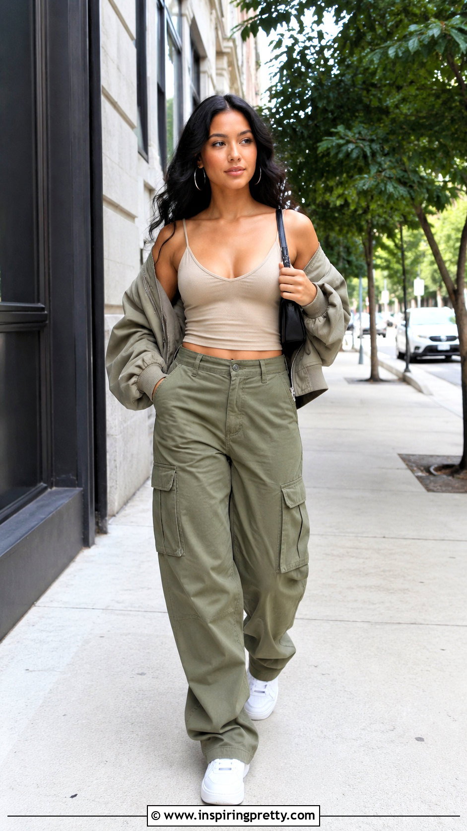 Neutral V Neck Spaghetti Strap Crop Top With Cargo Pants - 20 V Neck Spaghetti Strap Crop Top outfit ideas