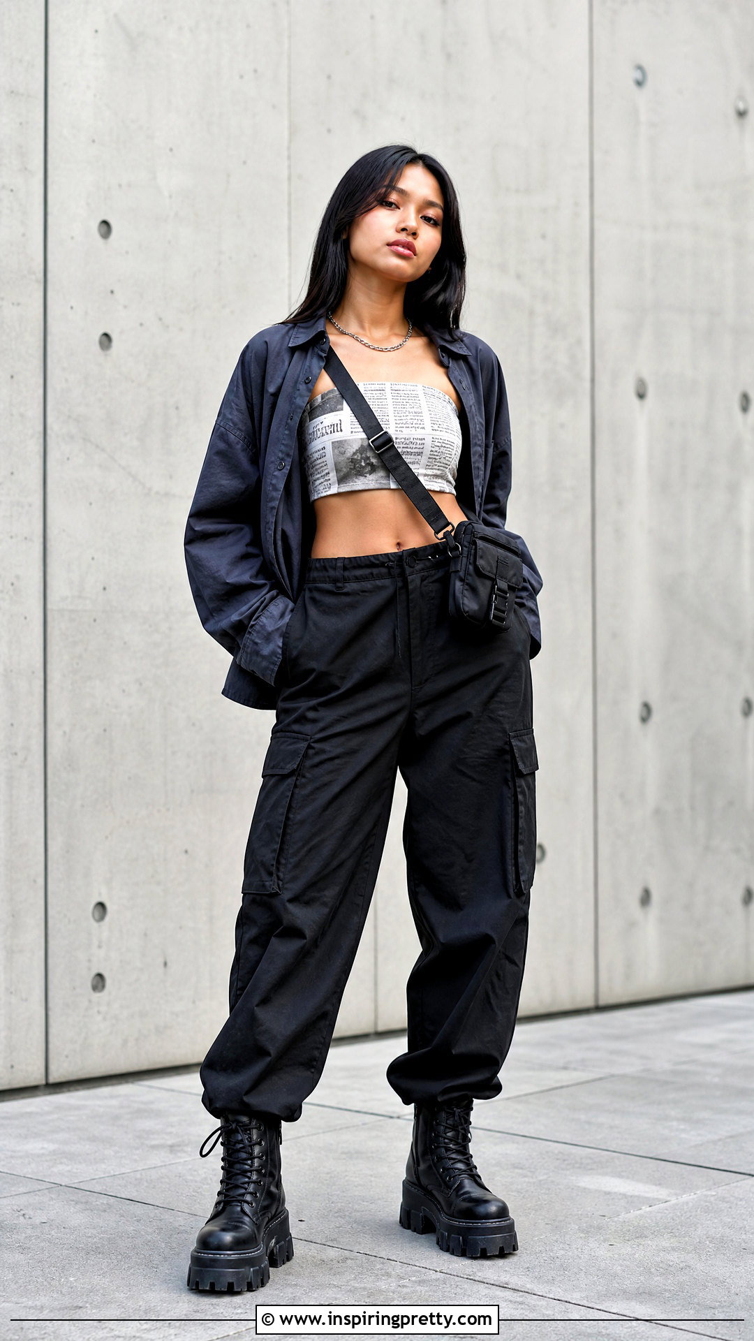 Newspaper Tube Top With Black Cargo Pants And Boots - 25 Newspaper Tube Top outfit ideas