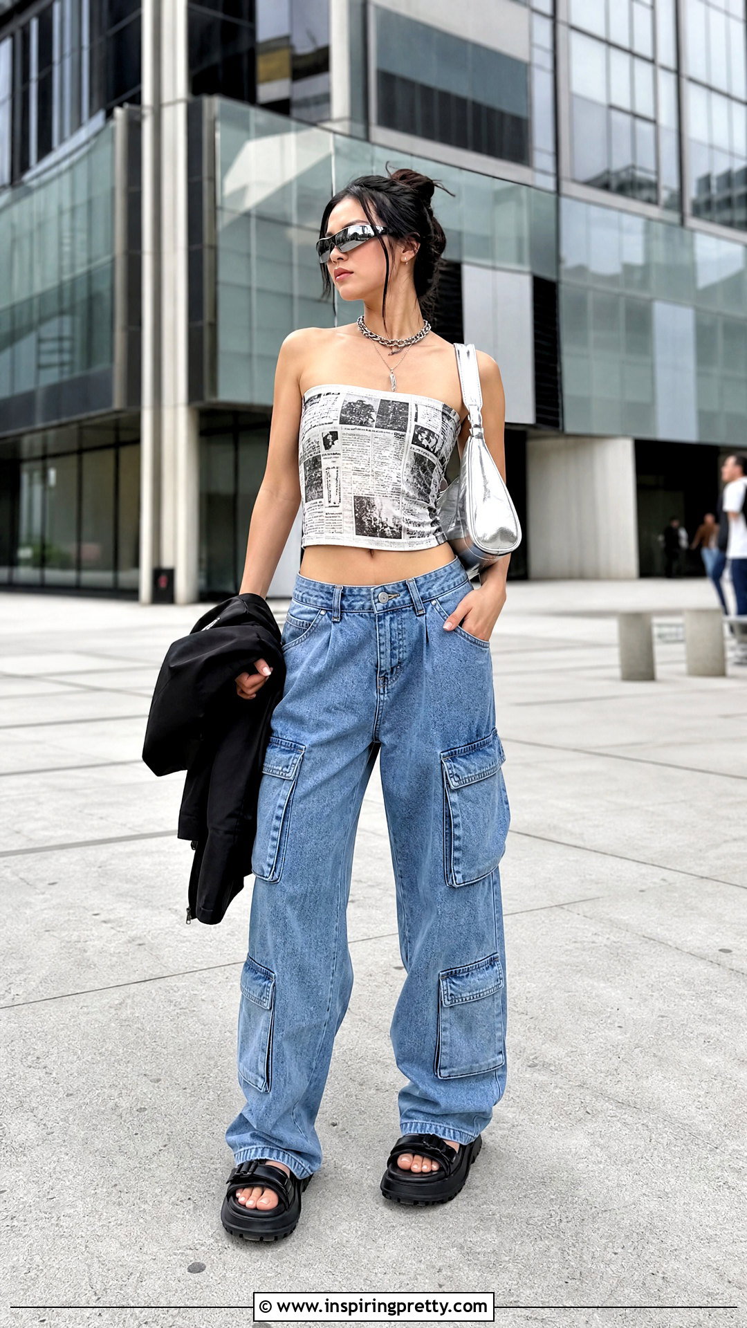 Newspaper Tube Top With Blue Cargo Jeans And Sandals - 25 Newspaper Tube Top outfit ideas